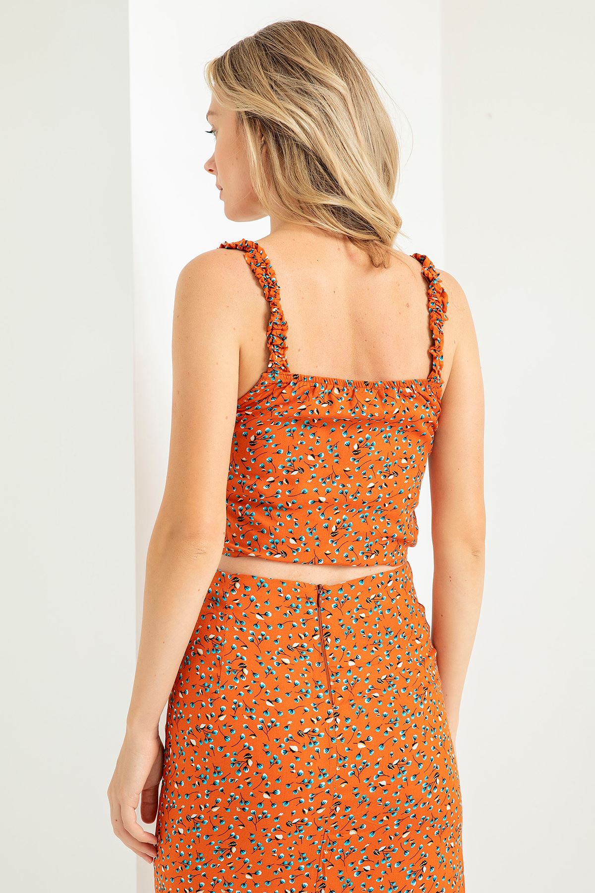 بلوزة نسائية قماش استيعاب مع الحمالات طوق مربع أعلى الحزام زهرة مقرمشة - برتقالي