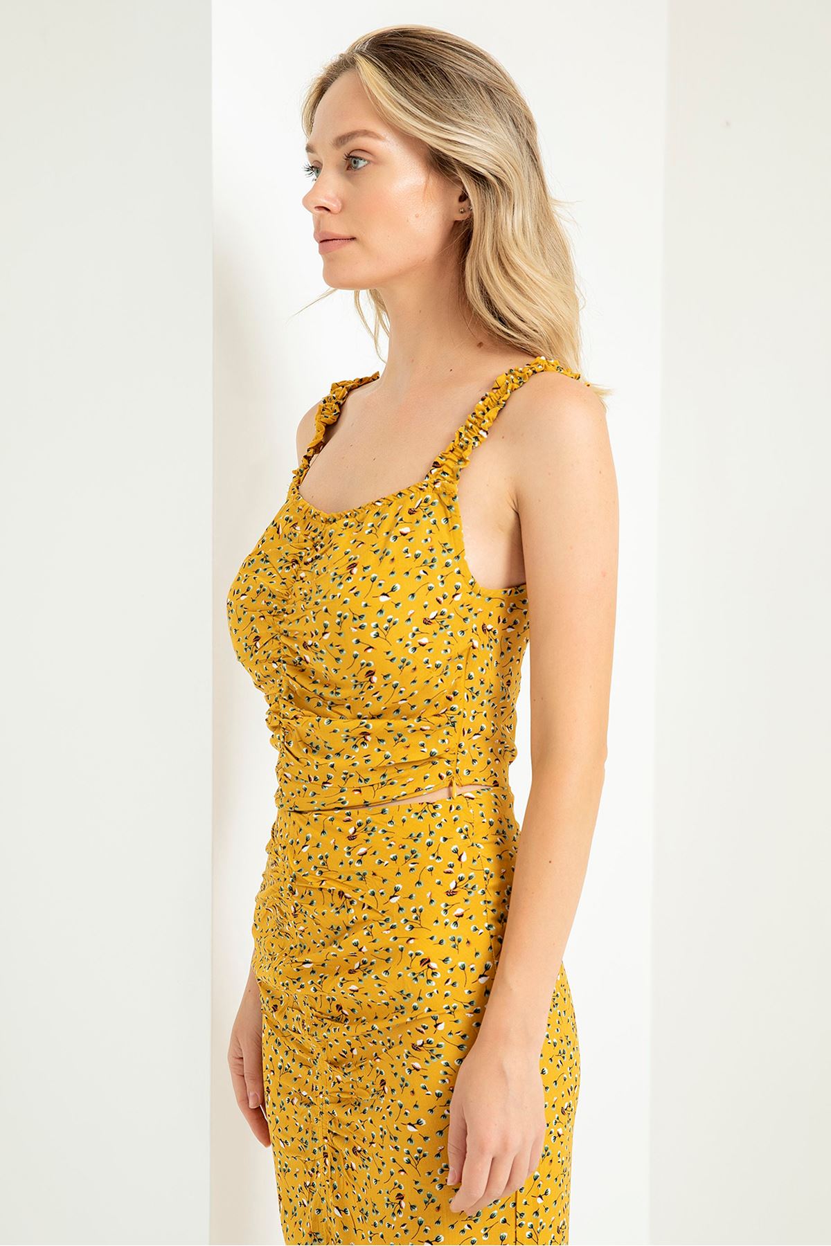 Printed Fabric Square Neckline Floral Pattern With Elastic Blouse - Mustard