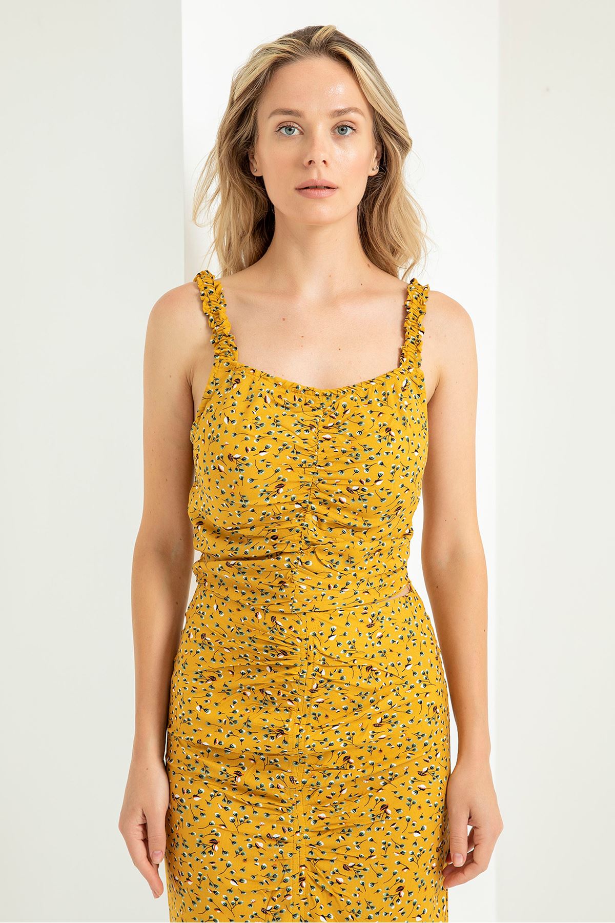 Printed Fabric Square Neckline Floral Pattern With Elastic Blouse - Mustard
