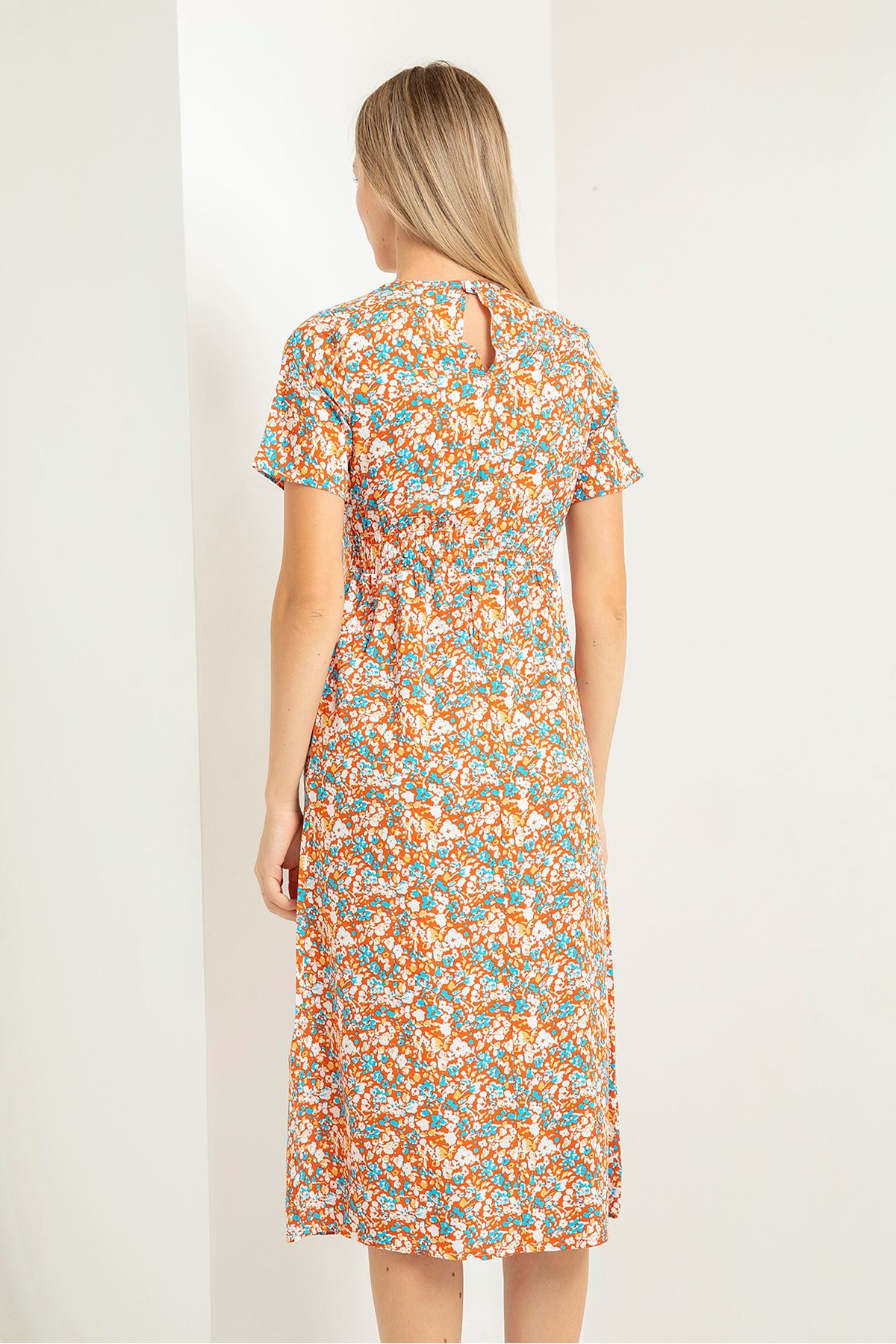 шифон ткань цветочный принт средняя длина женское платье - Оранжевый