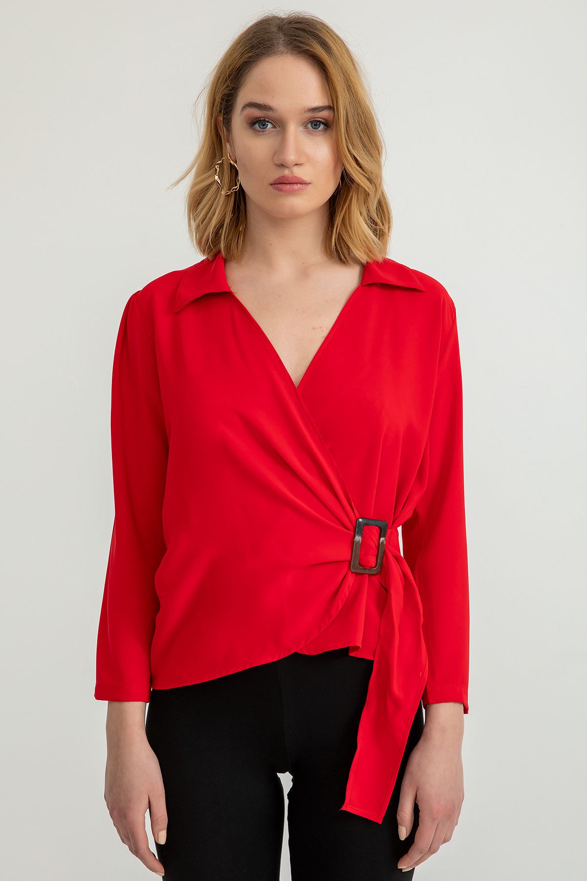 джессика ткань отложной воротник Женская блузка с пряжкой - Kрасный
