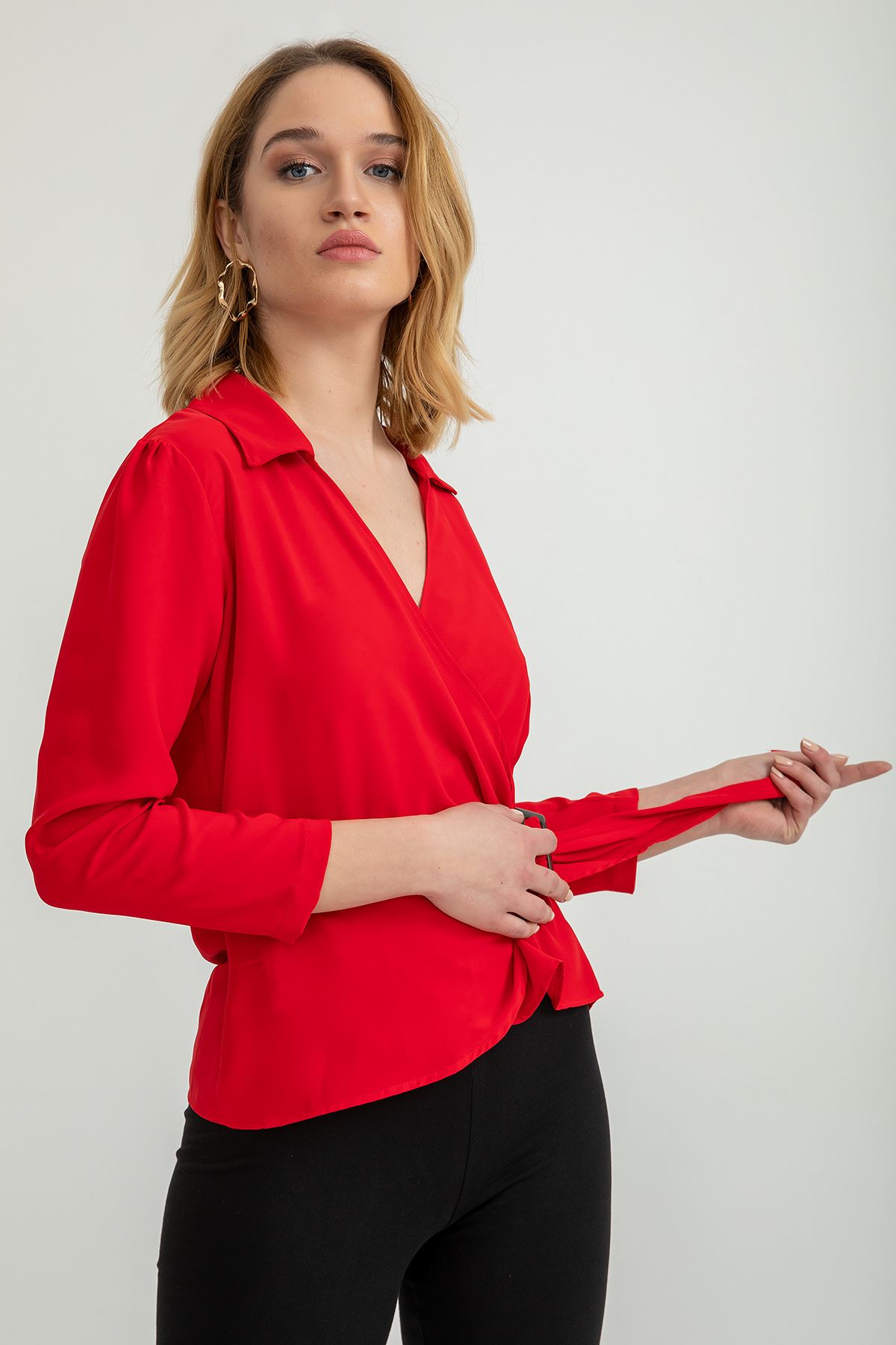 джессика ткань отложной воротник Женская блузка с пряжкой - Kрасный
