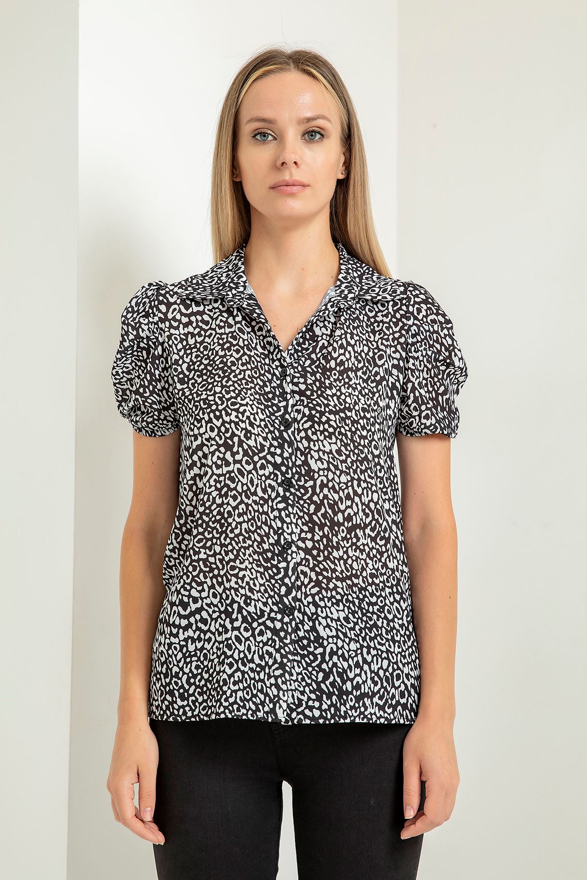 джессика ткань короткий рукав леопардовая женская рубашка - Чёрный