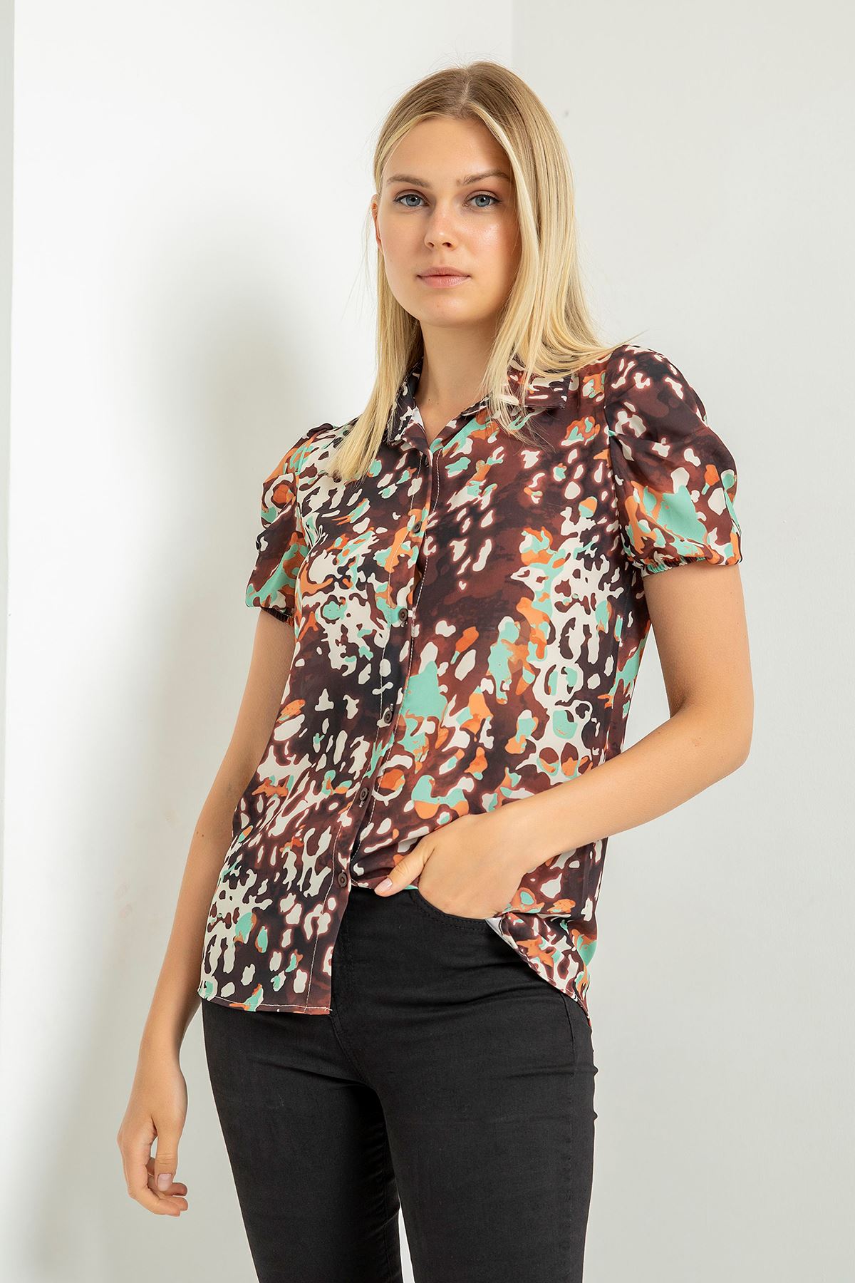 джессика ткань леопардовая женская рубашка со сборками на рукавах - Ментоловый