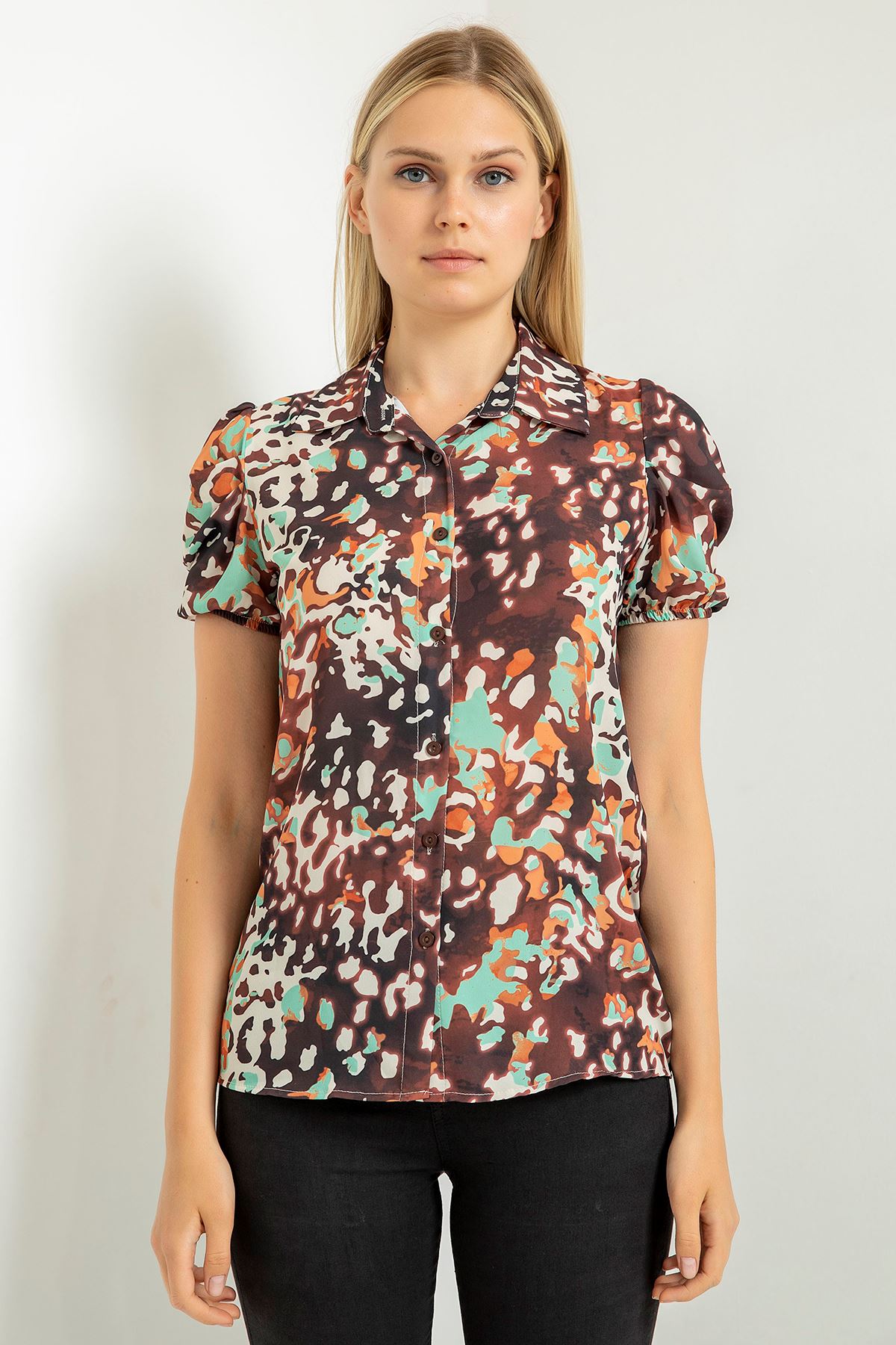 джессика ткань леопардовая женская рубашка со сборками на рукавах - Ментоловый