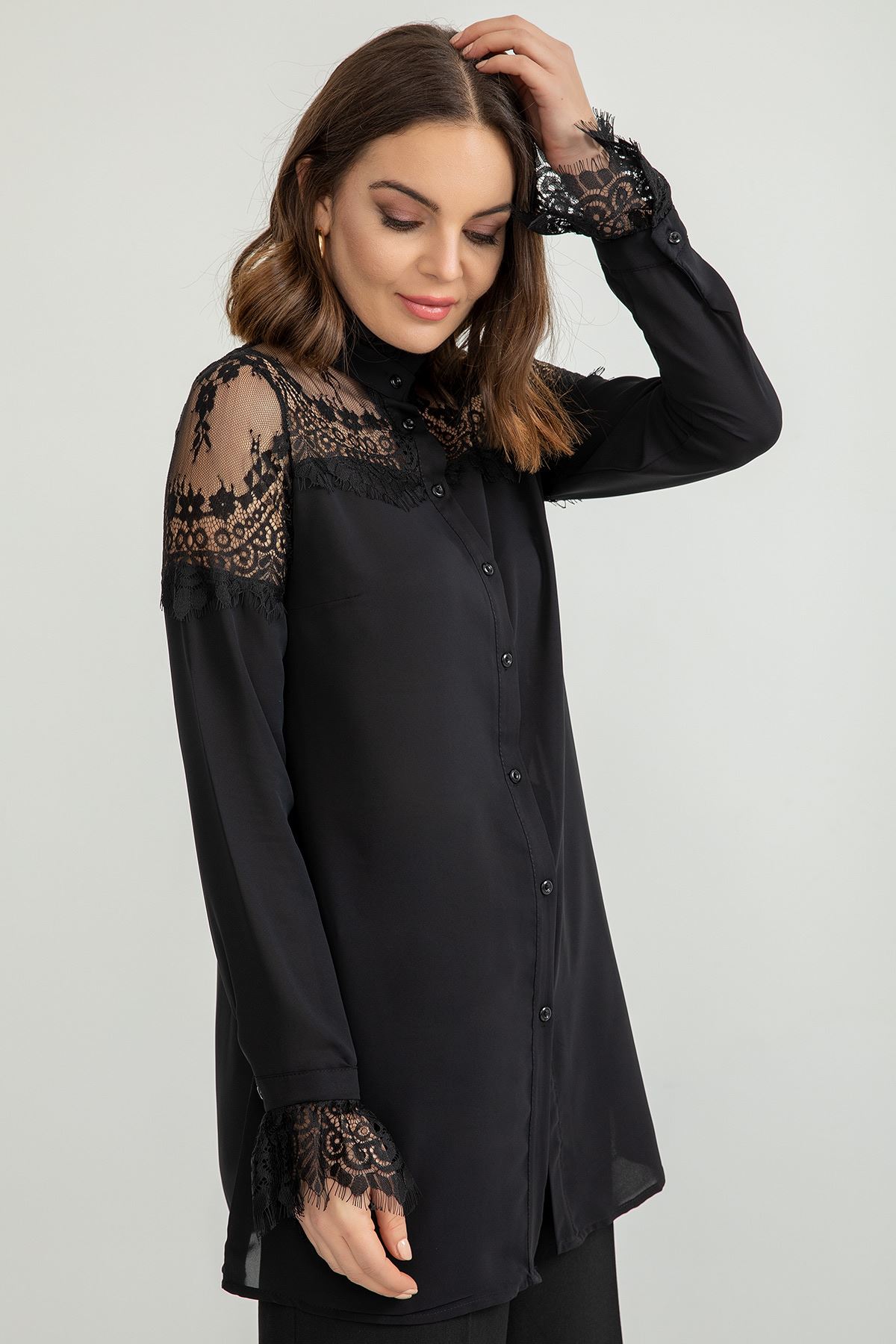 Jesica Fabric Ruffled Neck Laced Shoulders And Sleeves Women Tunic - Black