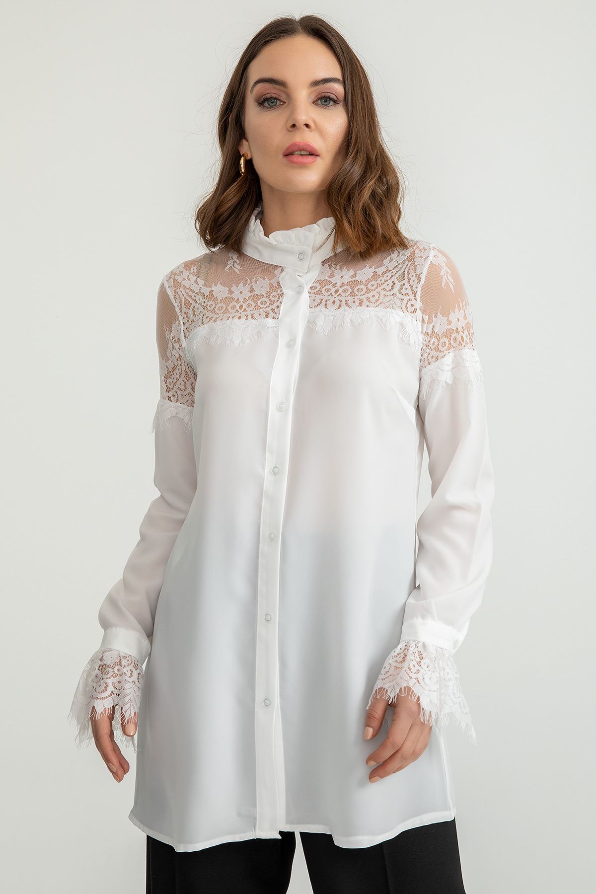 Jesica Fabric Ruffled Neck Laced Shoulders And Sleeves Women Tunic - Ecru