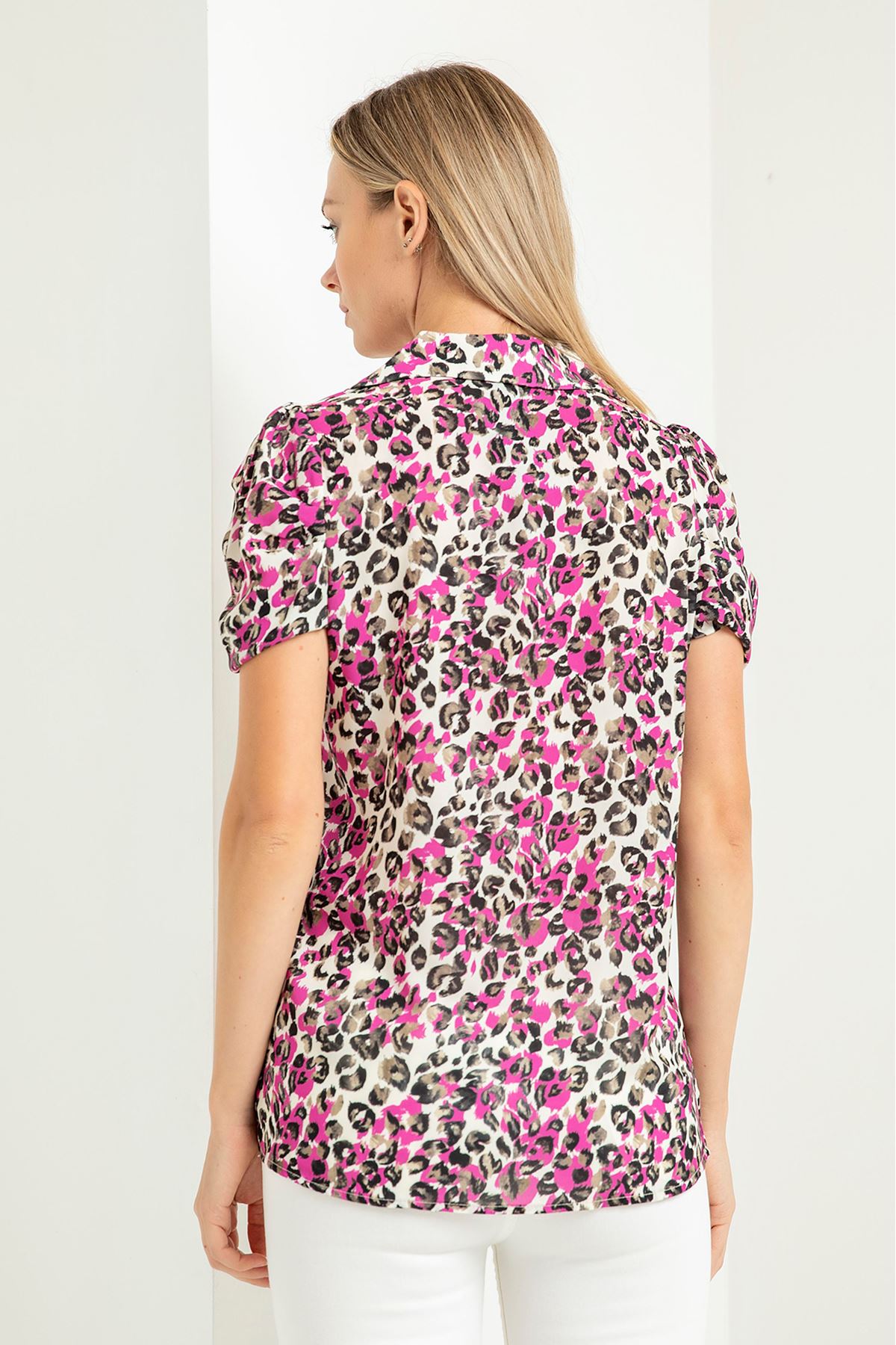 Jesica Fabric Short Sleeve Hip Height Leopard Print Women'S Shirt - Fuchıa