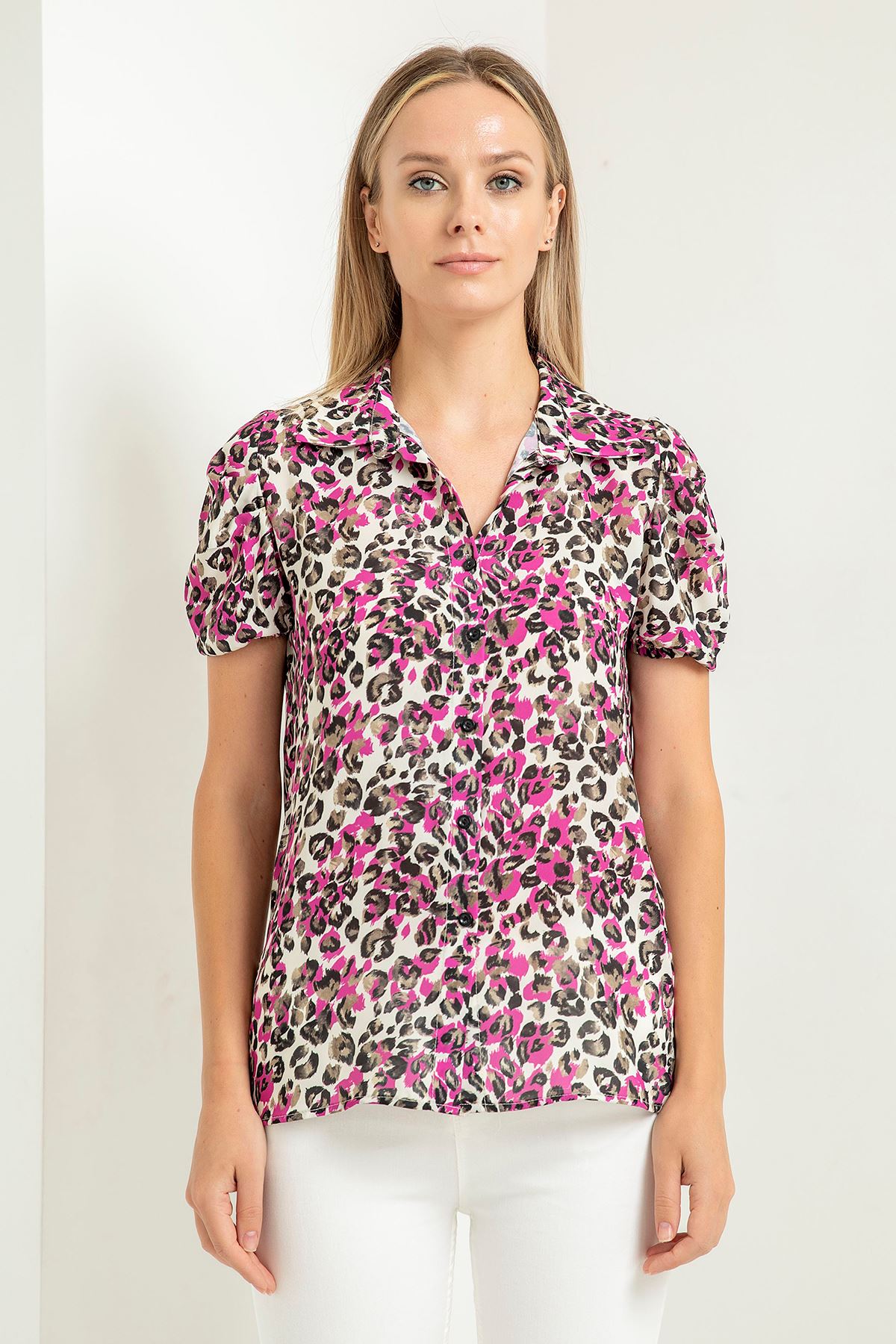 Jesica Fabric Short Sleeve Hip Height Leopard Print Women'S Shirt - Fuchıa