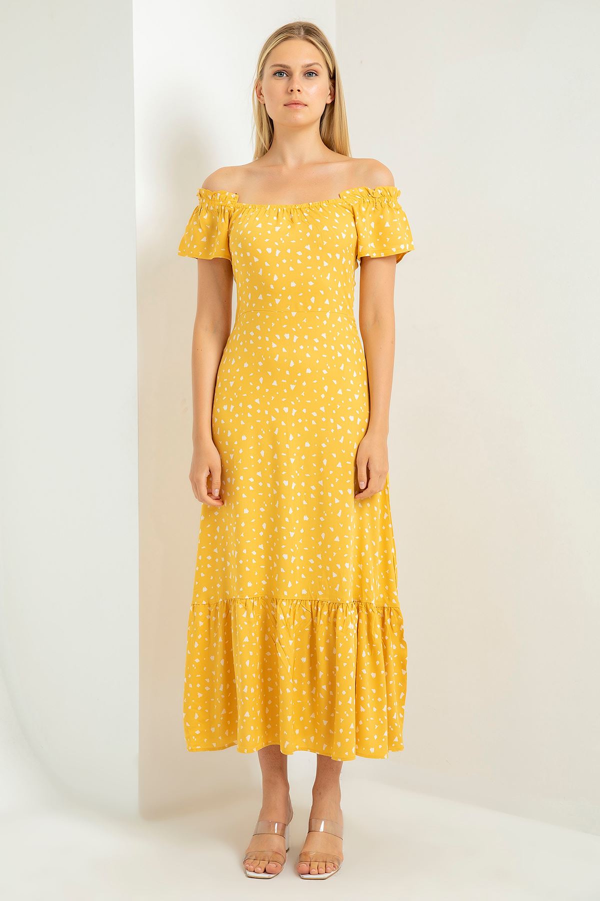 Viskon Kumaş Kayık YakaTam Kalıp Çıtır Desenli Kadın Elbise-Sarı