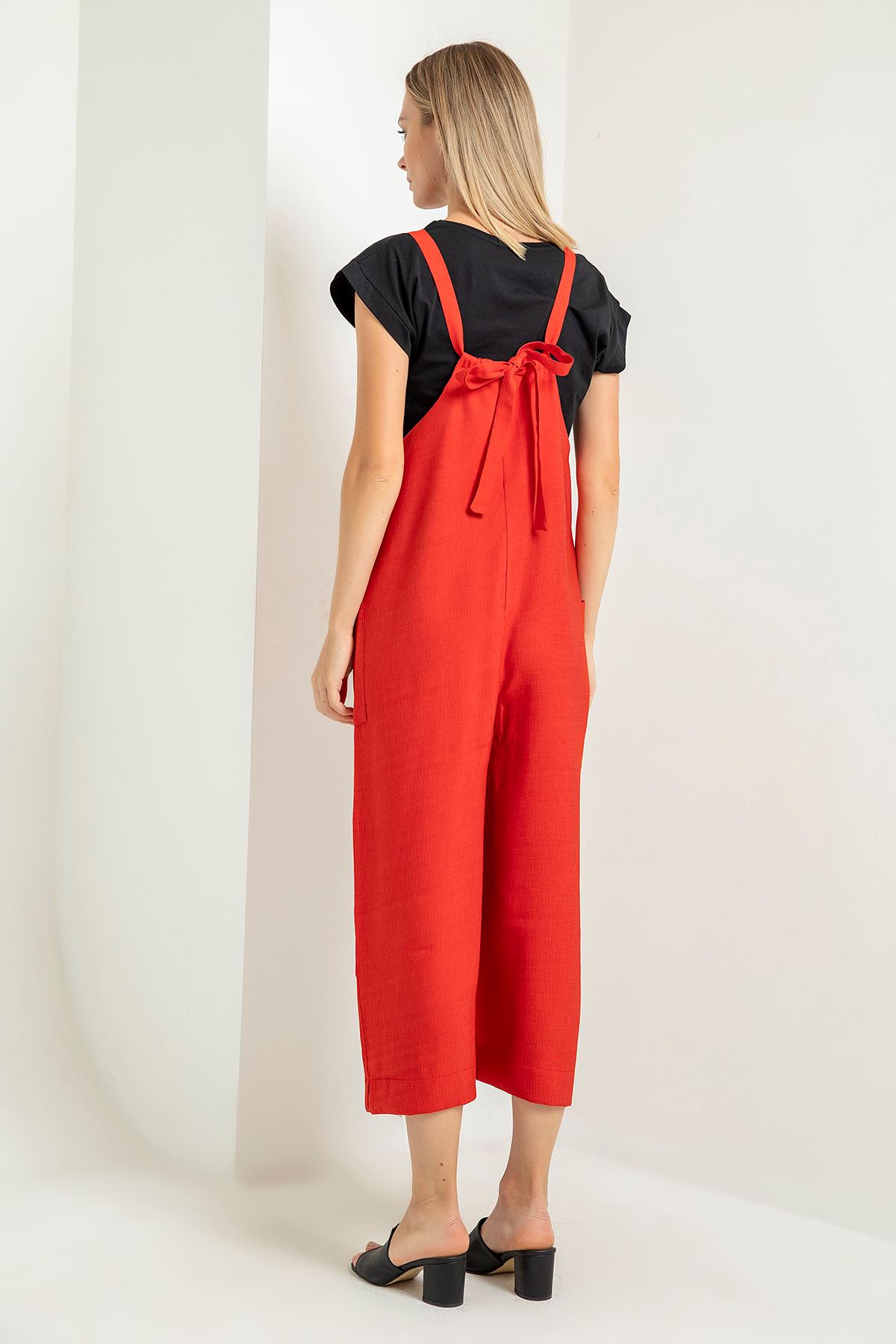 Linen Fabric On The Straps V-Neck Midi Front Pocket Women Overalls - Red