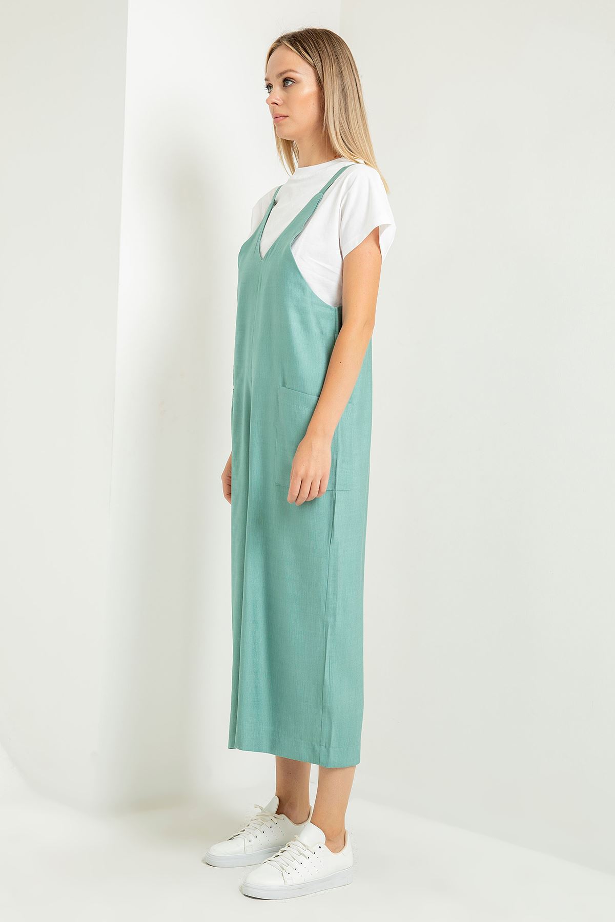 Linen Fabric On The Straps V-Neck Midi Front Pocket Women Overalls - Mint