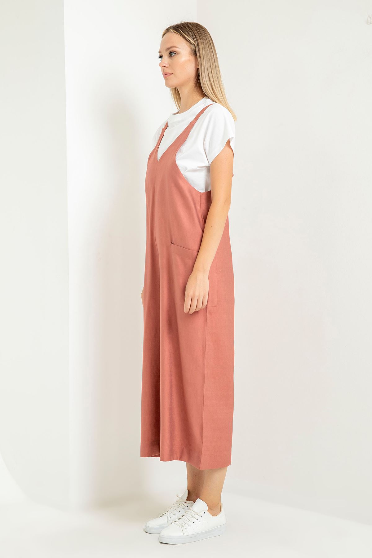 Linen Fabric On The Straps V-Neck Midi Front Pocket Women Overalls - Rose 