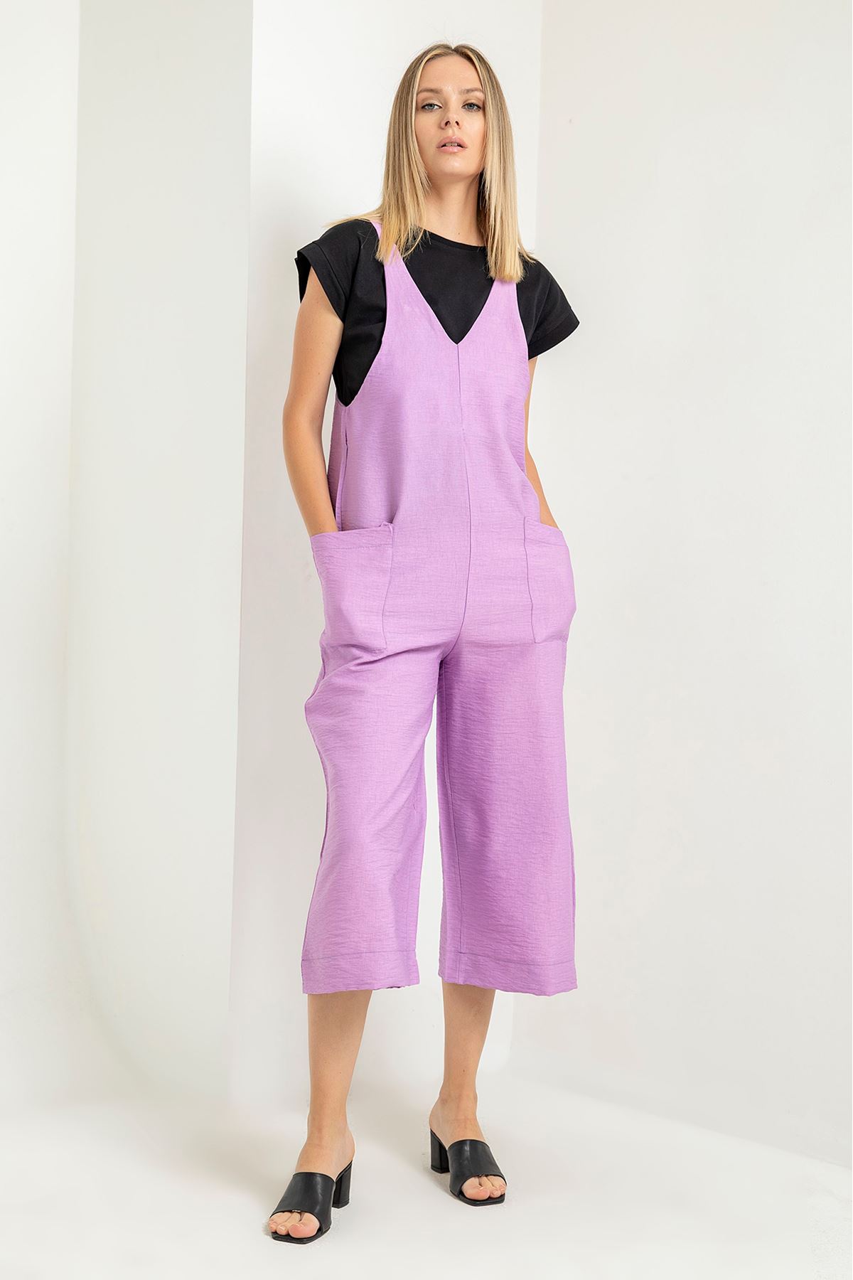 Linen Fabric On The Straps V-Neck Midi Front Pocket Women Overalls - Lilac