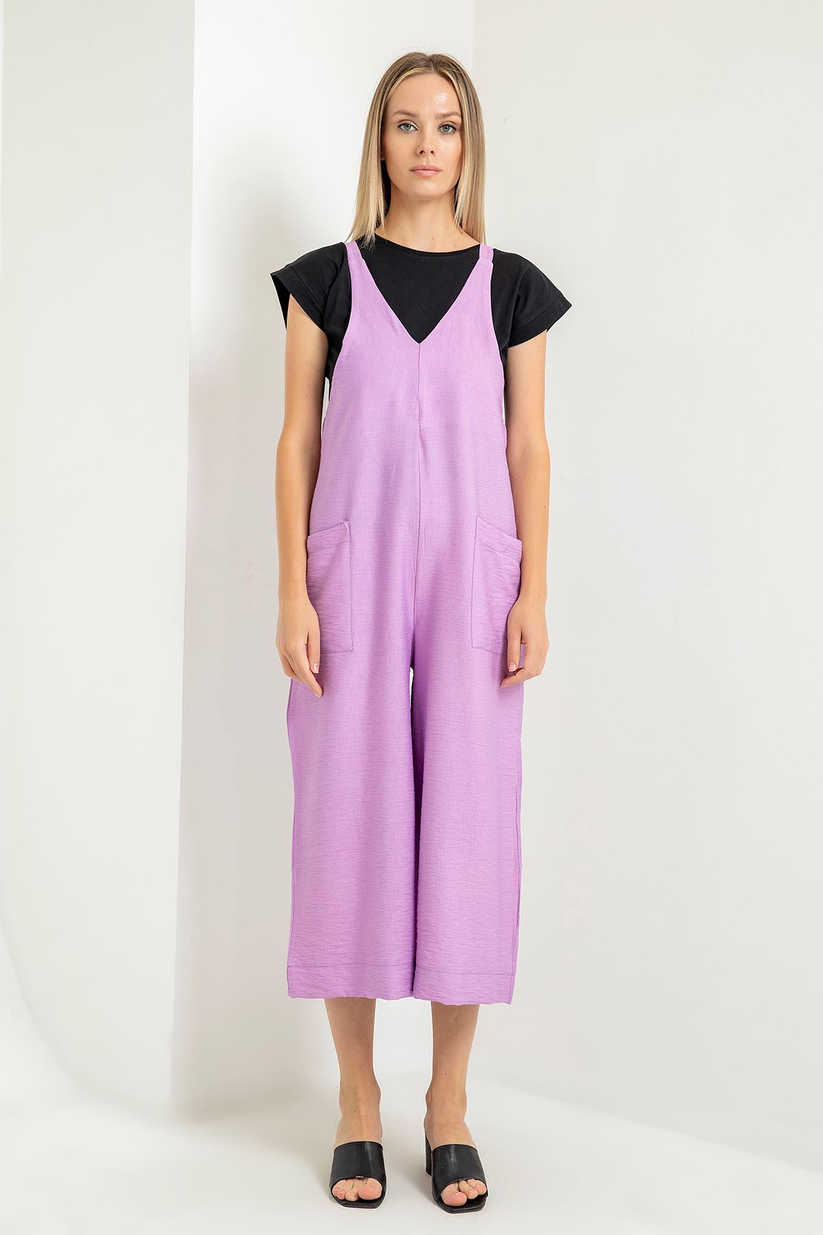 Linen Fabric On The Straps V-Neck Midi Front Pocket Women Overalls - Lilac