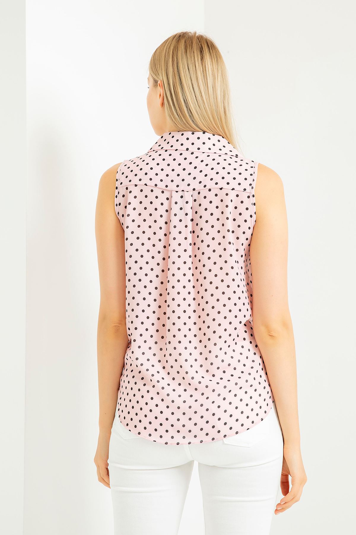 Jessica Fabric Armless Shirt Collar Polka Dot Auger Blouse - Light Pink