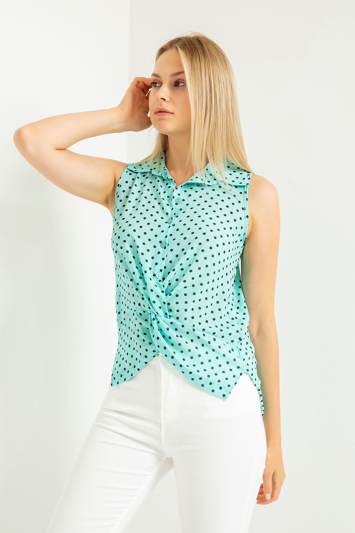 Jessica Fabric Armless Shirt Collar Polka Dot Auger Blouse - Mint