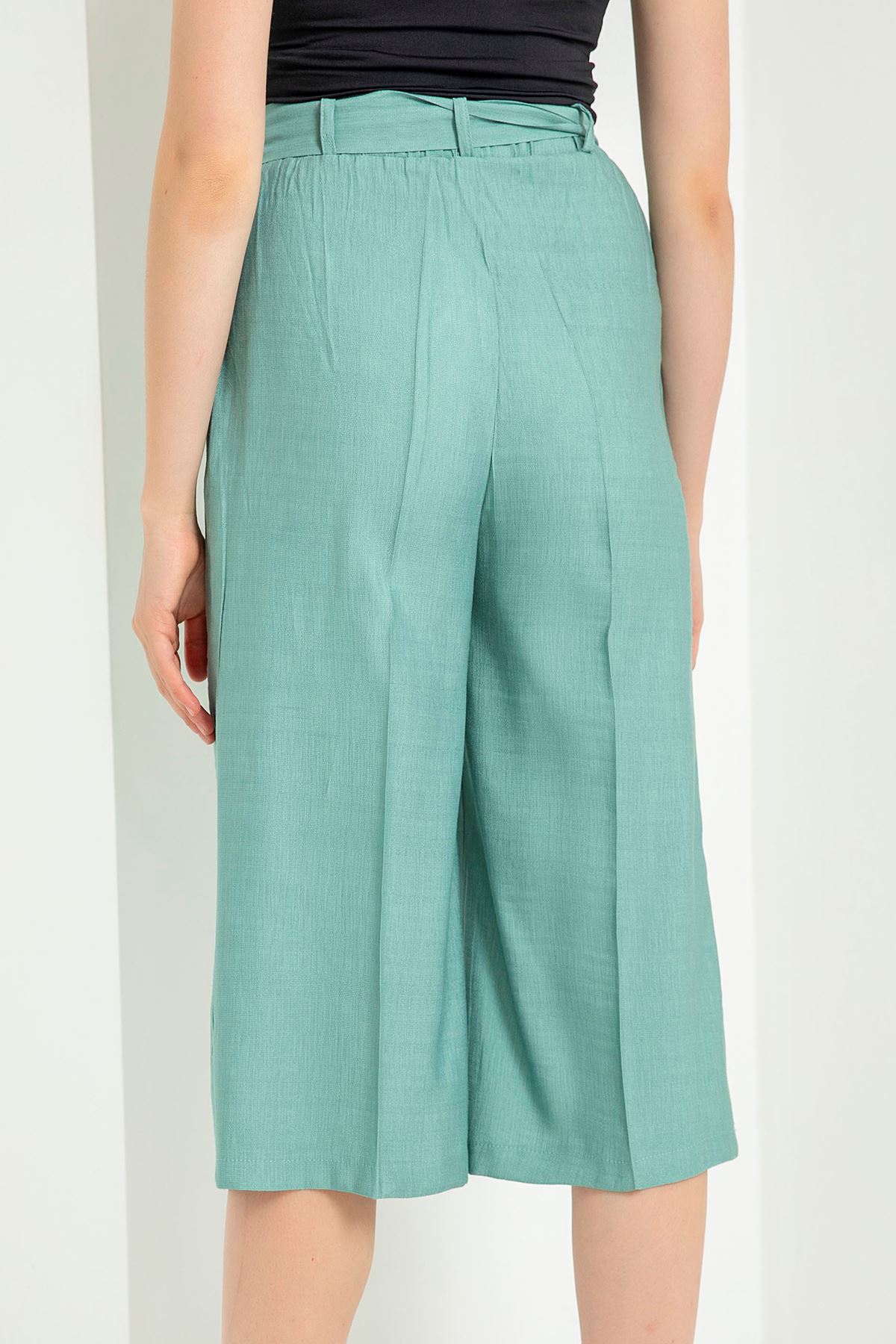 Linen Fabric 3/4 Short Comfy Fit Belted Women'S Trouser - Mint