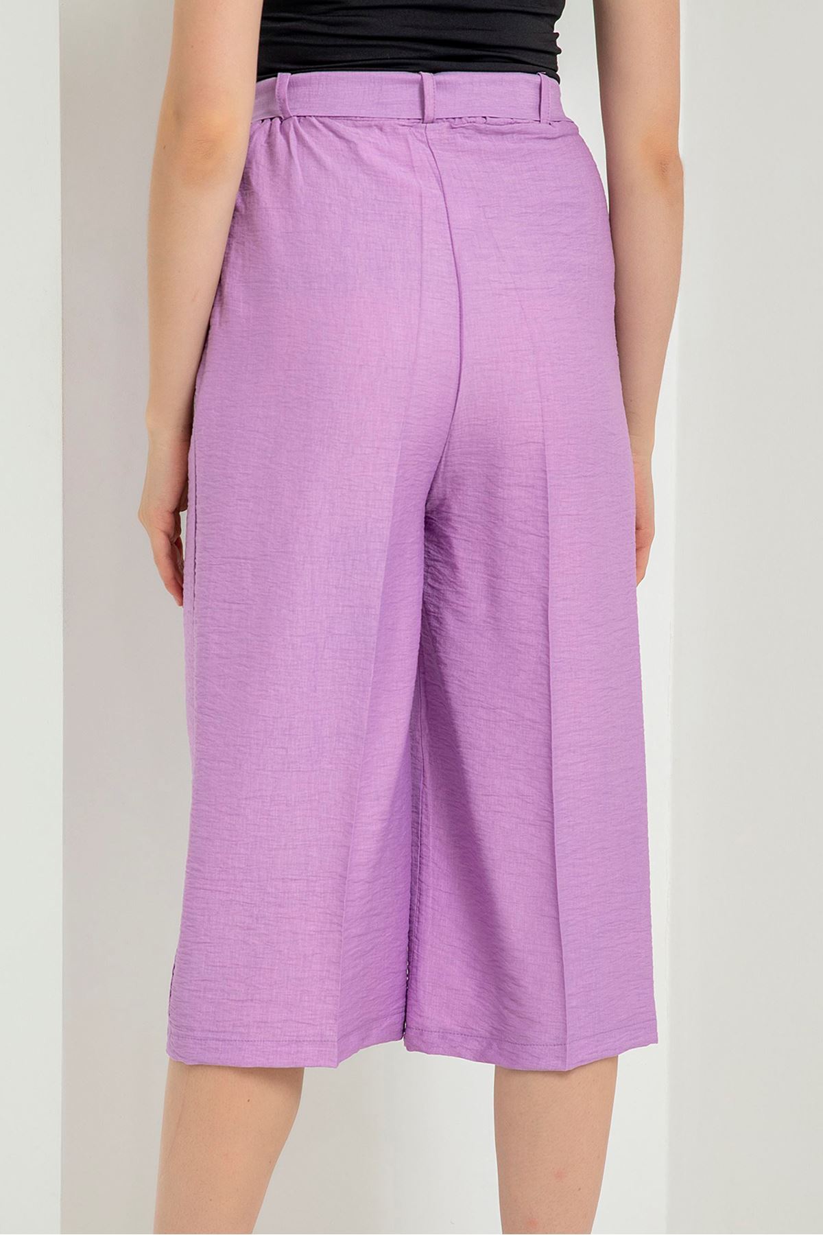 Linen Fabric 3/4 Short Comfy Fit Belted Women'S Trouser - Lilac
