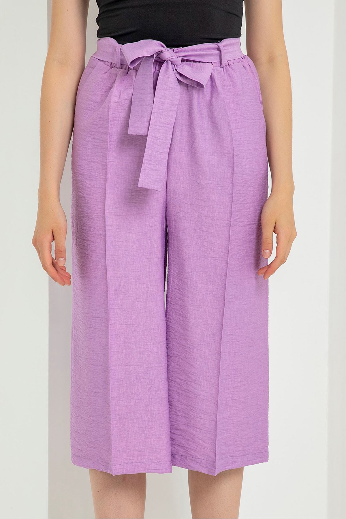 Linen Fabric 3/4 Short Comfy Fit Belted Women'S Trouser - Lilac