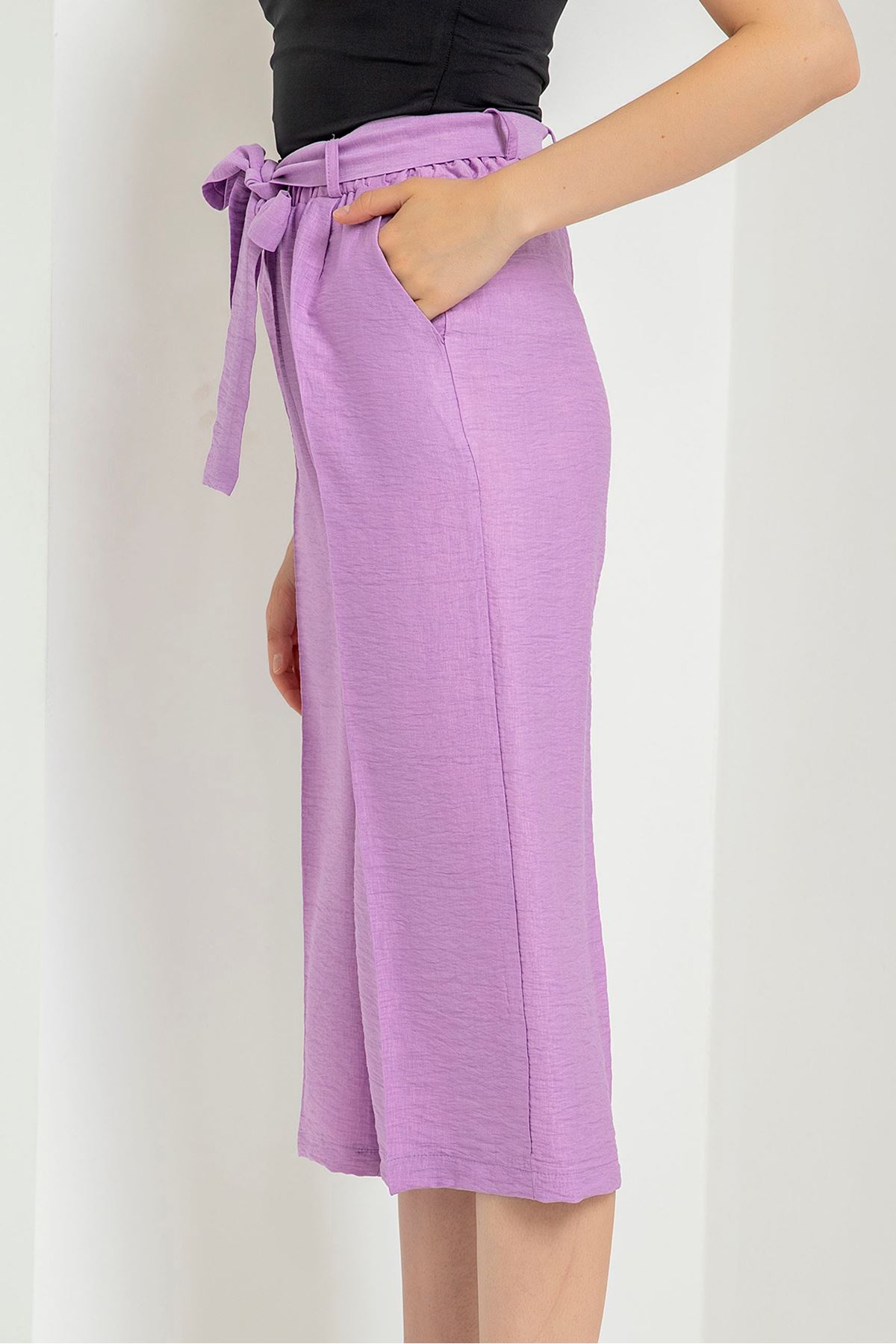 льняный ткань 3/4 длина свободные Женские брюки с поясом - Лиловый