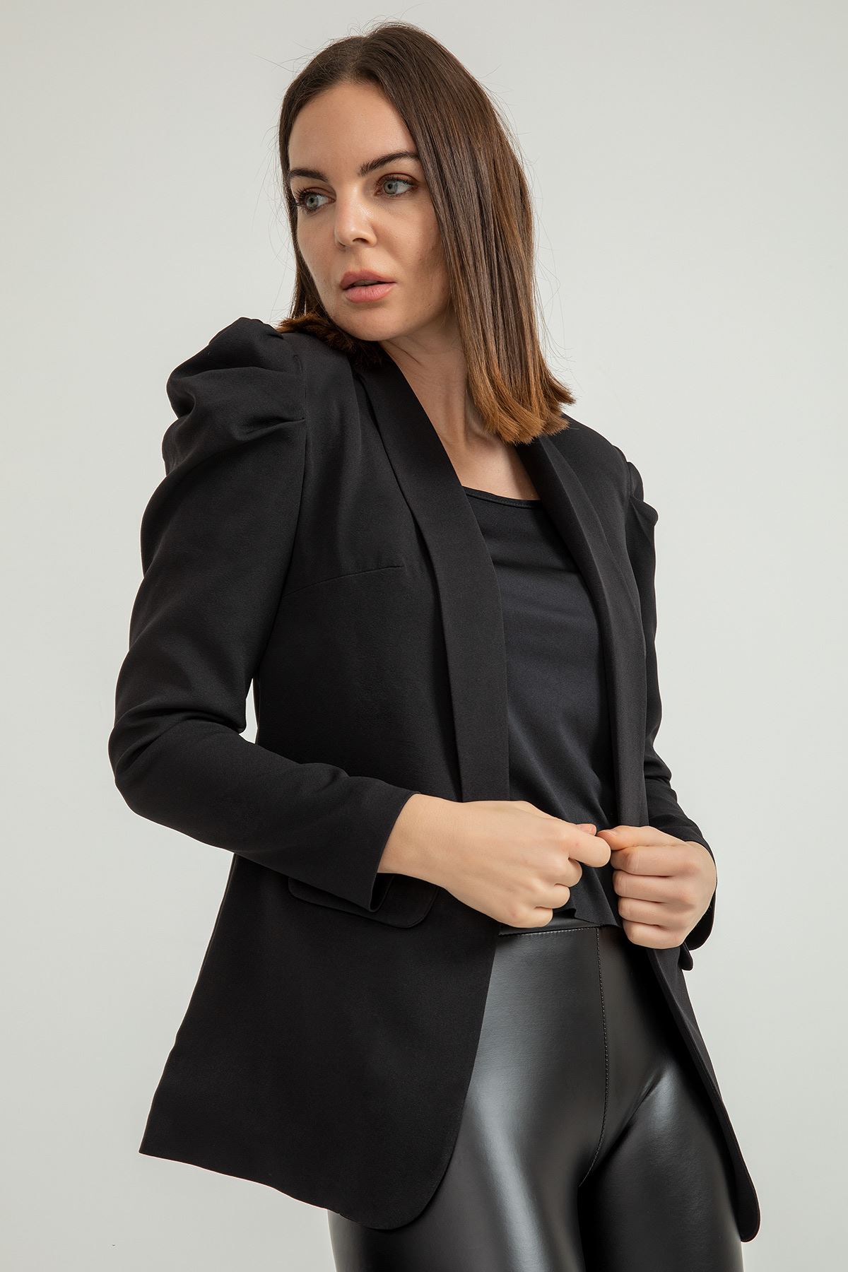 атласный ткань шалевый воротник длинный рукав Женский пиджак - Чёрный