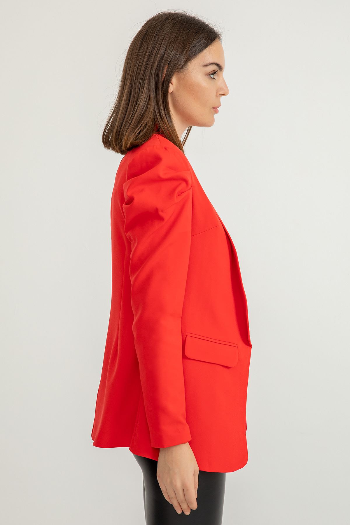 атласный ткань шалевый воротник длинный рукав Женский пиджак - Kрасный