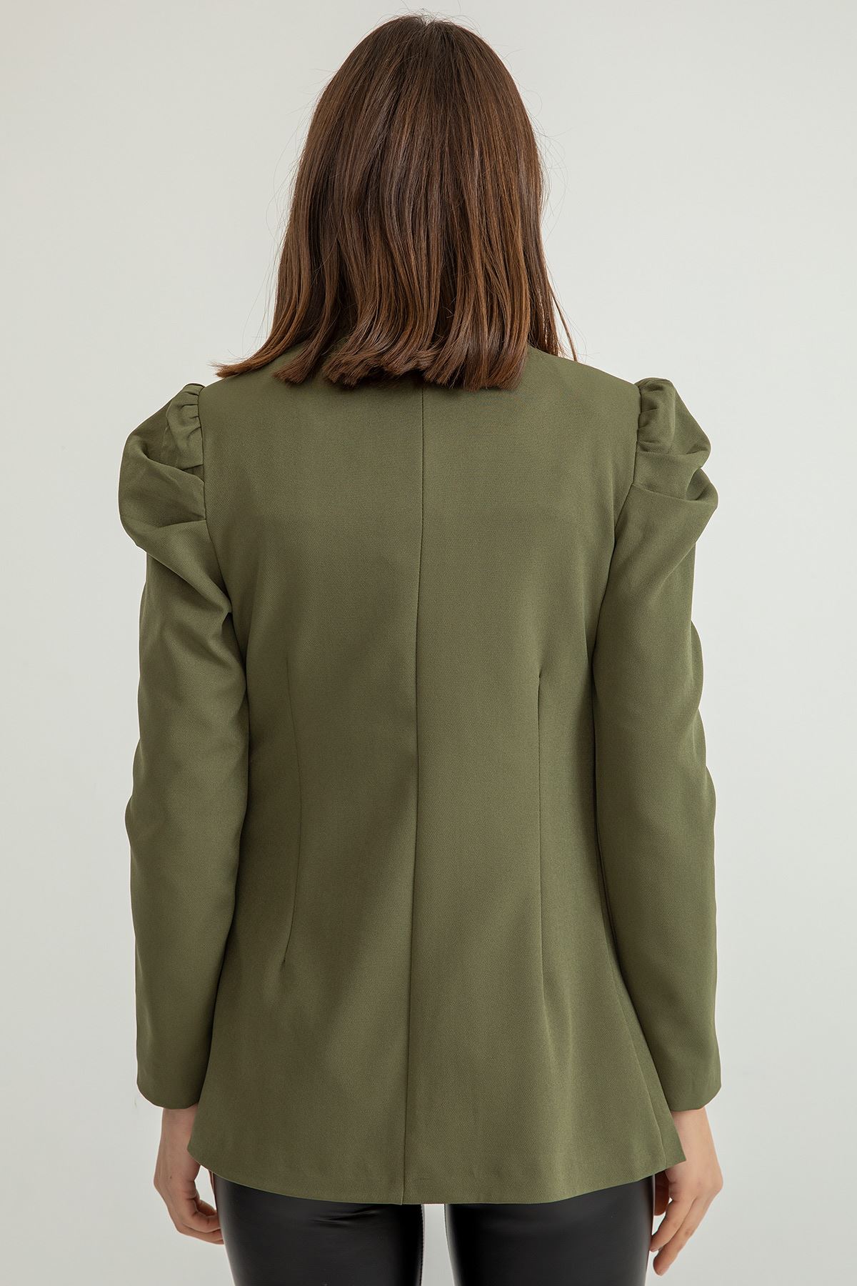 Atlas Fabric Long Sleeve Shawl Collar Below Hip Classical Ruffled Women Jacket - Khaki 