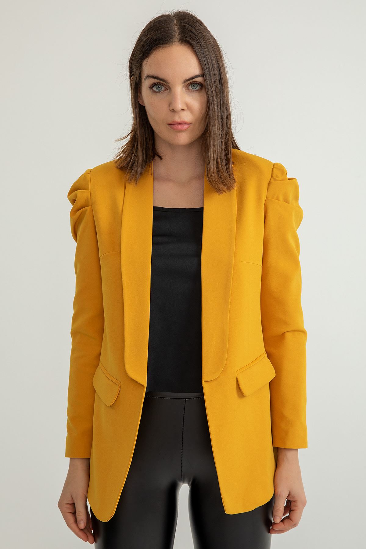 Atlas Fabric Long Sleeve Shawl Collar Below Hip Classical Ruffled Women Jacket - Mustard