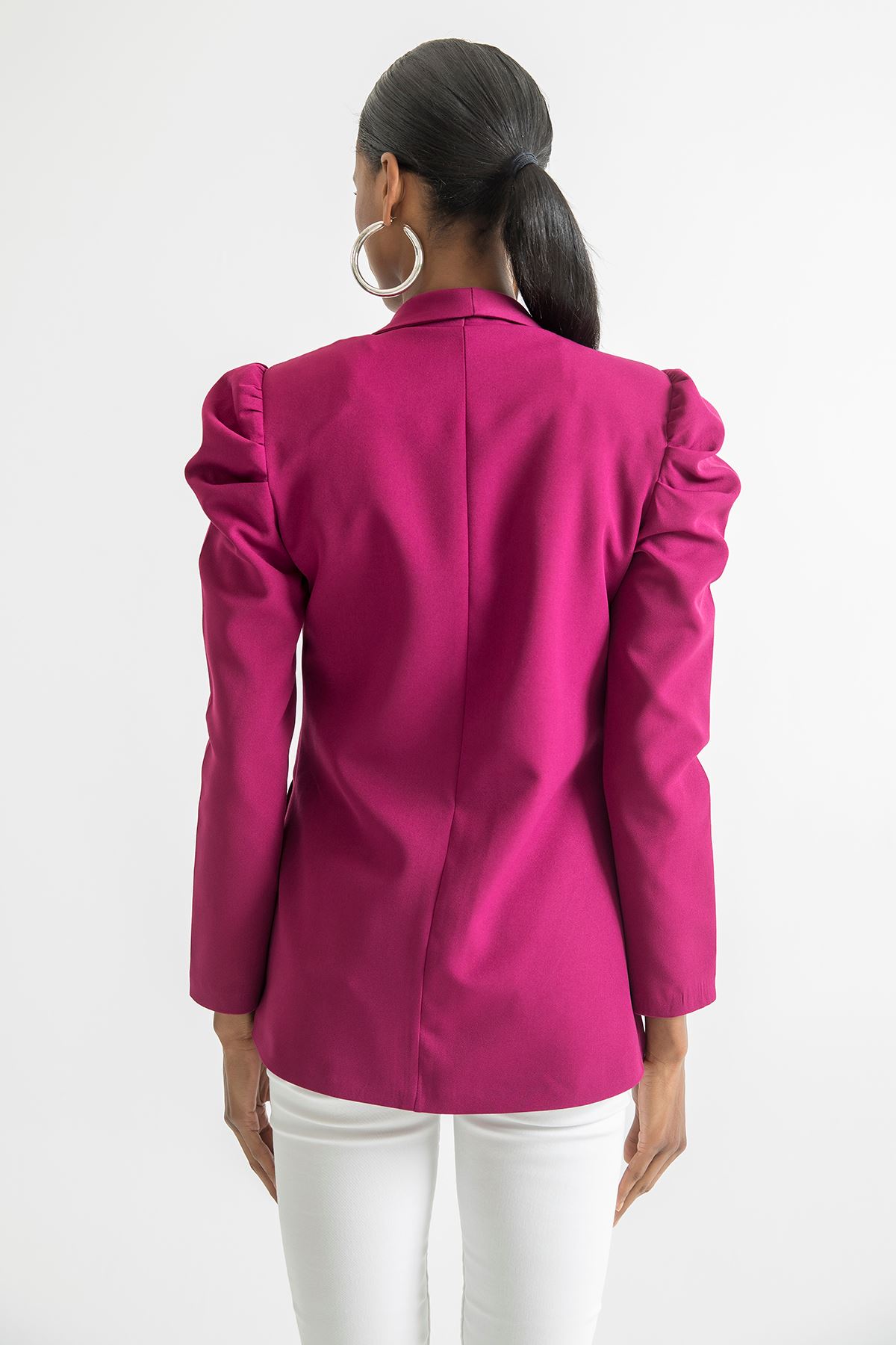 Atlas Fabric Long Sleeve Shawl Collar Below Hip Classical Ruffled Women Jacket - Plum