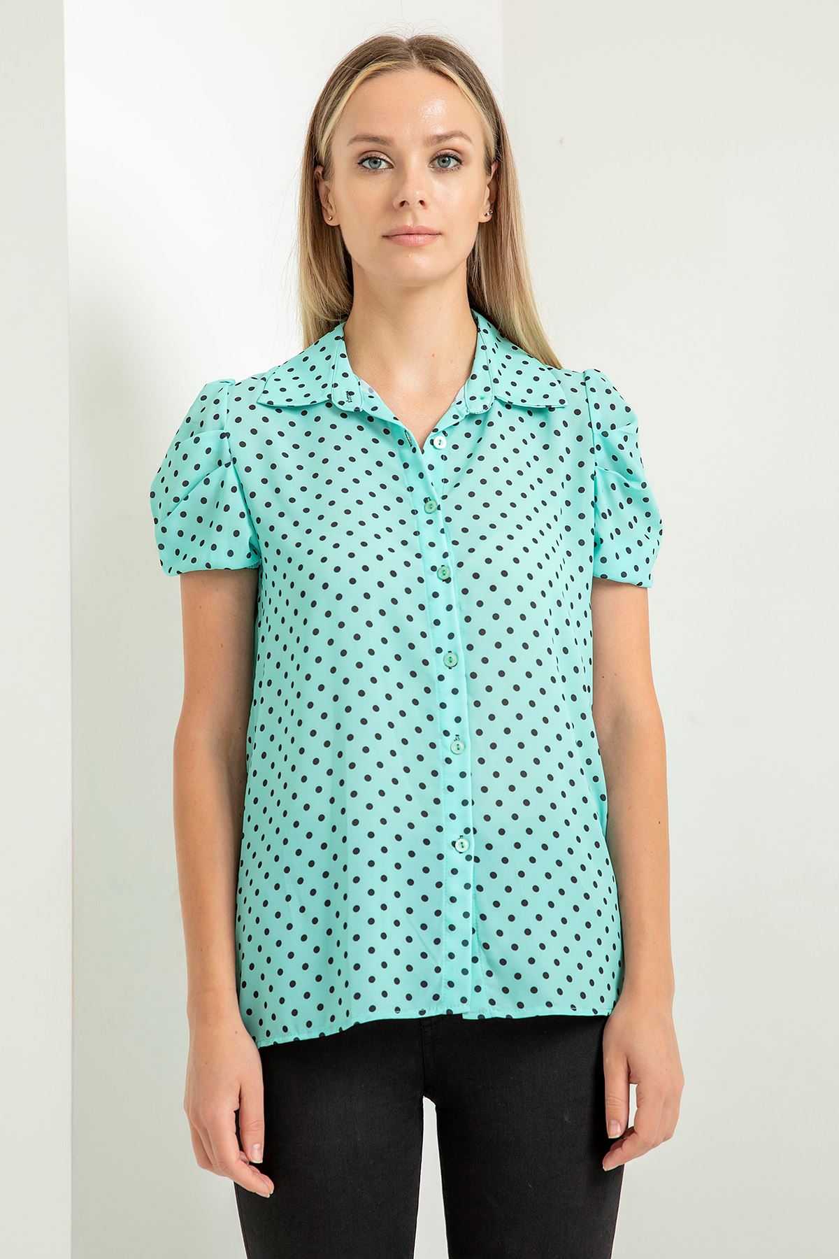 Jesica Fabric Shirt Collar Polka-Dot Sleeve Full Fit Women'S Shirt - Mint