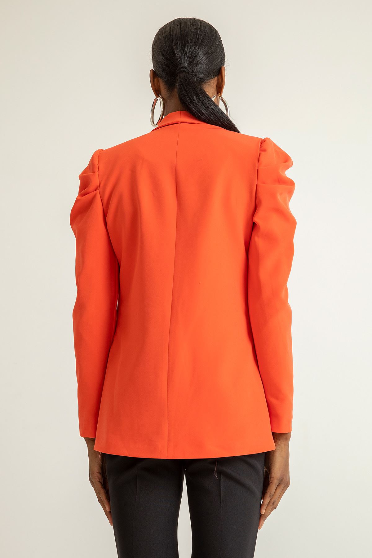 Atlas Fabric Long Sleeve Shawl Collar Below Hip Classical Ruffled Women Jacket - Coral
