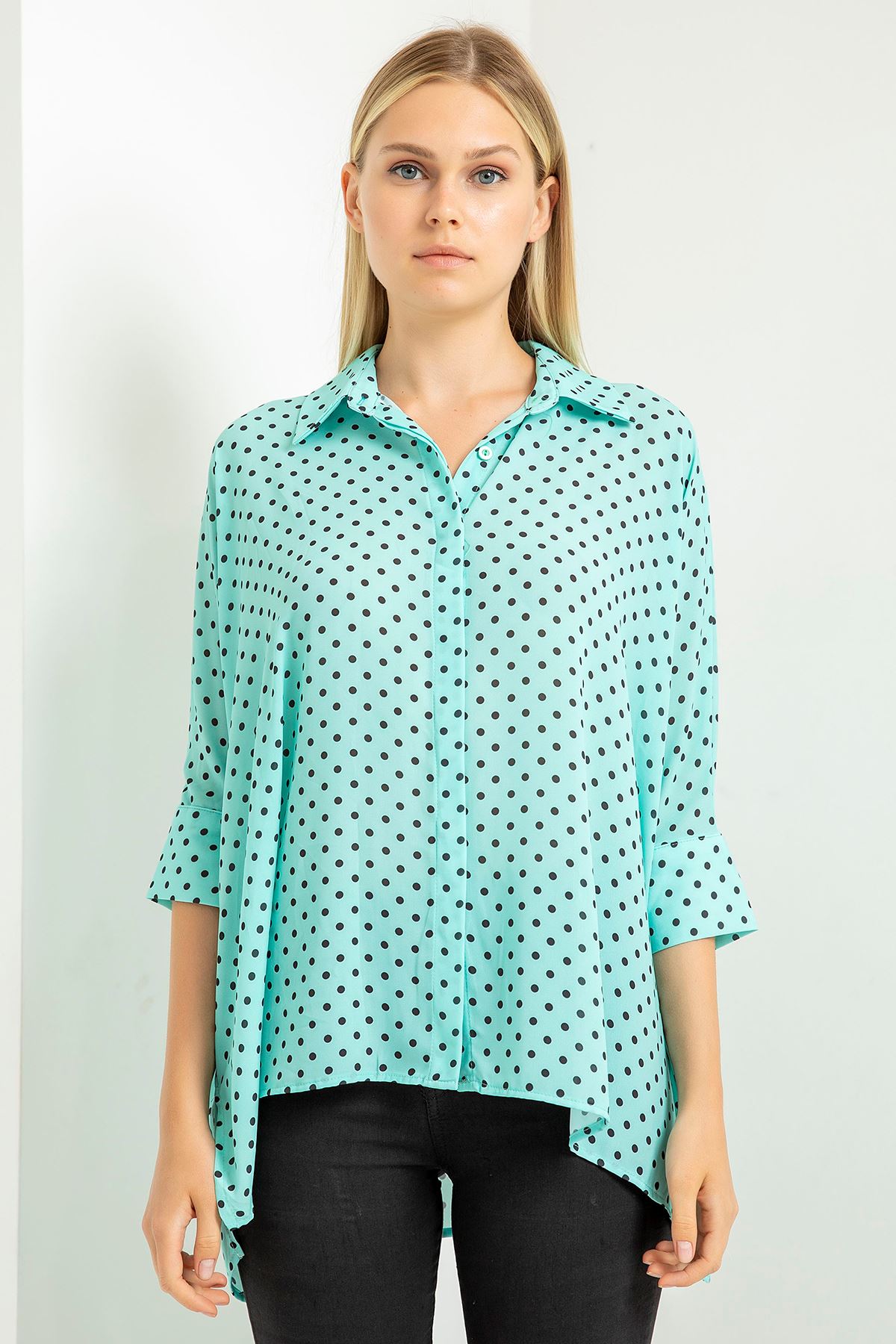 Jesica Fabric Wide Below Hip Oversize Polka-Dot Print Women'S Shirt - Mint