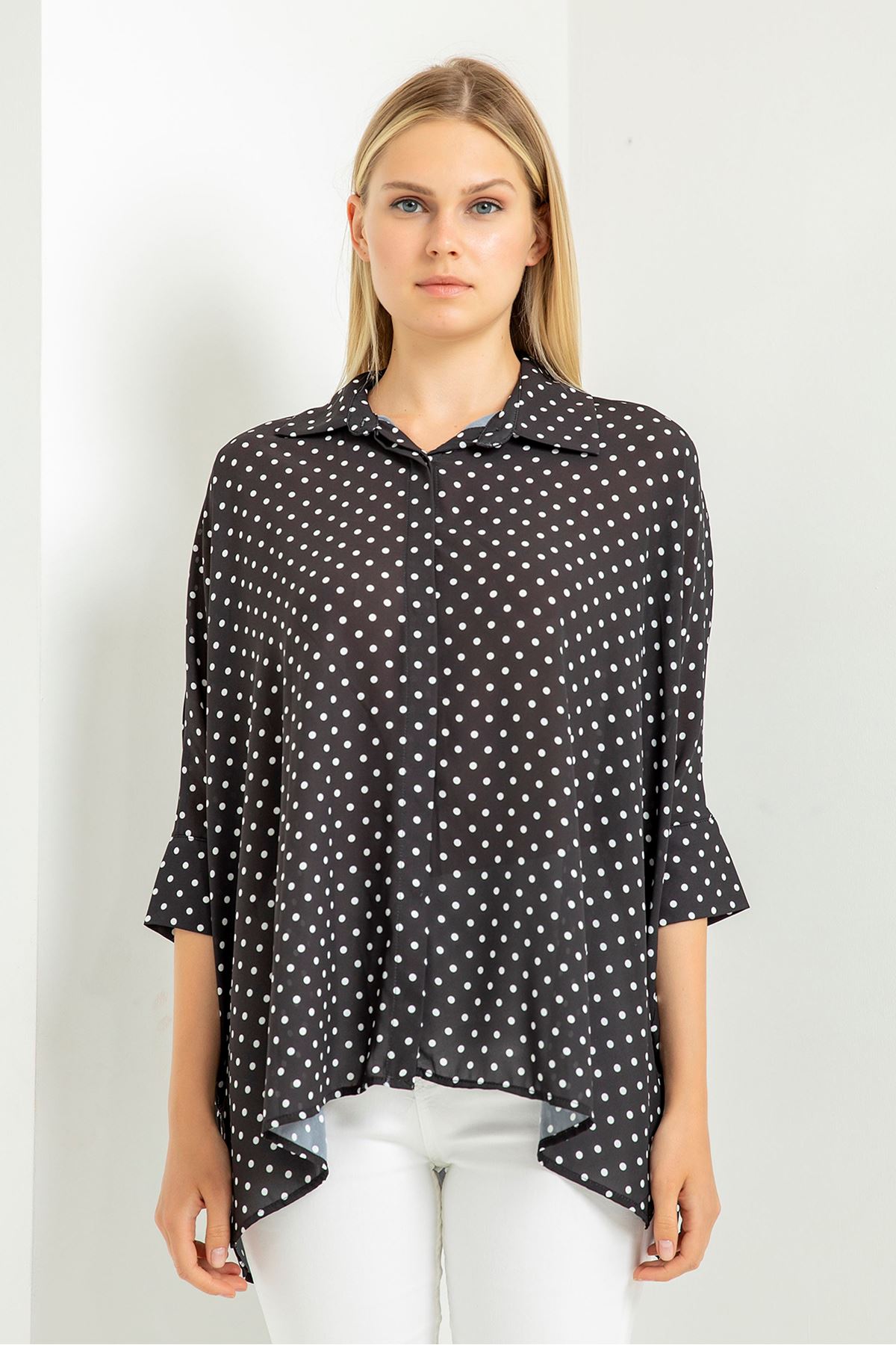 Jesica Fabric Wide Below Hip Oversize Polka-Dot Print Women'S Shirt - Black