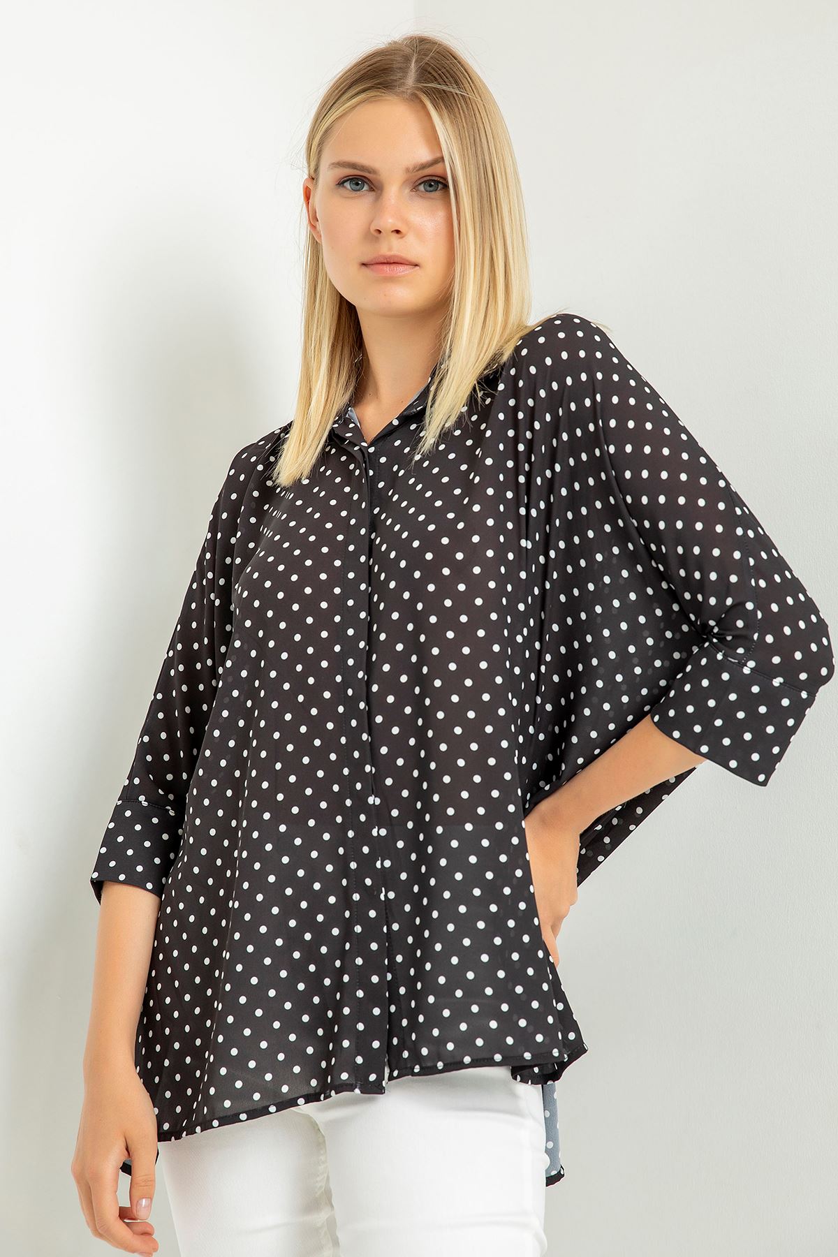 Jesica Fabric Wide Below Hip Oversize Polka-Dot Print Women'S Shirt - Black
