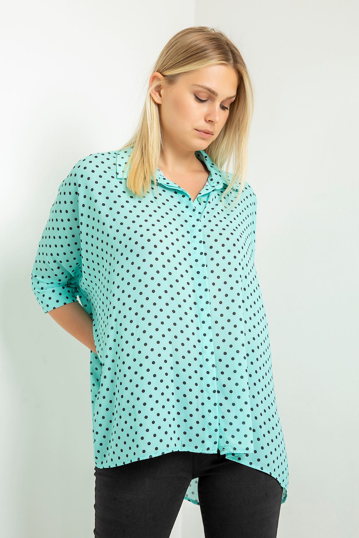 Jesica Fabric Wide Below Hip Oversize Polka-Dot Print Women'S Shirt - Mint