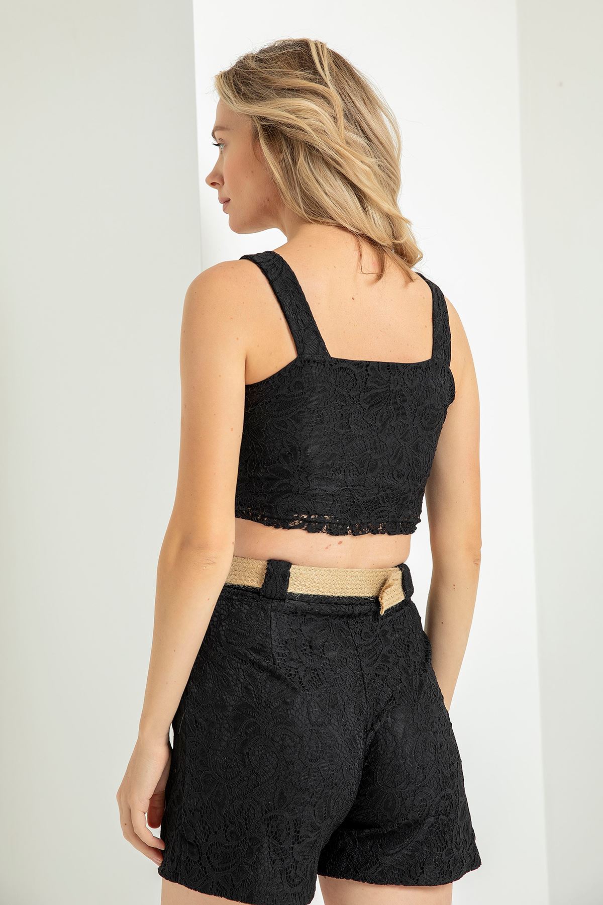 Кружевная ткань мини женские шорты с ремнем - Чёрный
