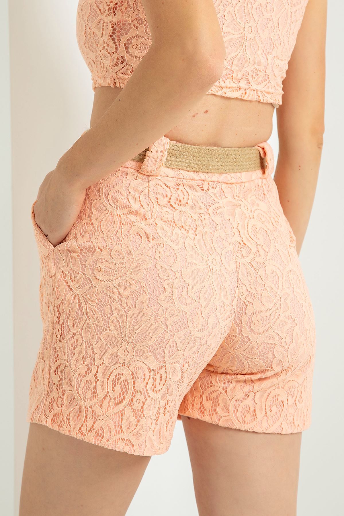 Lace Fabric Tigth Fit Wicker Belt Mini Shorts - Salmon
