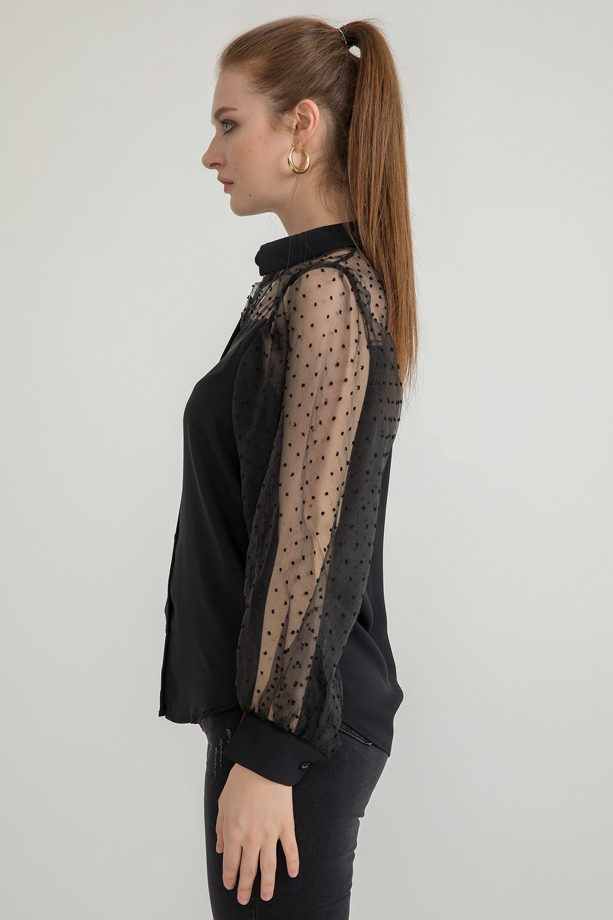 органзе ткань отложной воротник Женская рубашка в горошек - Чёрный