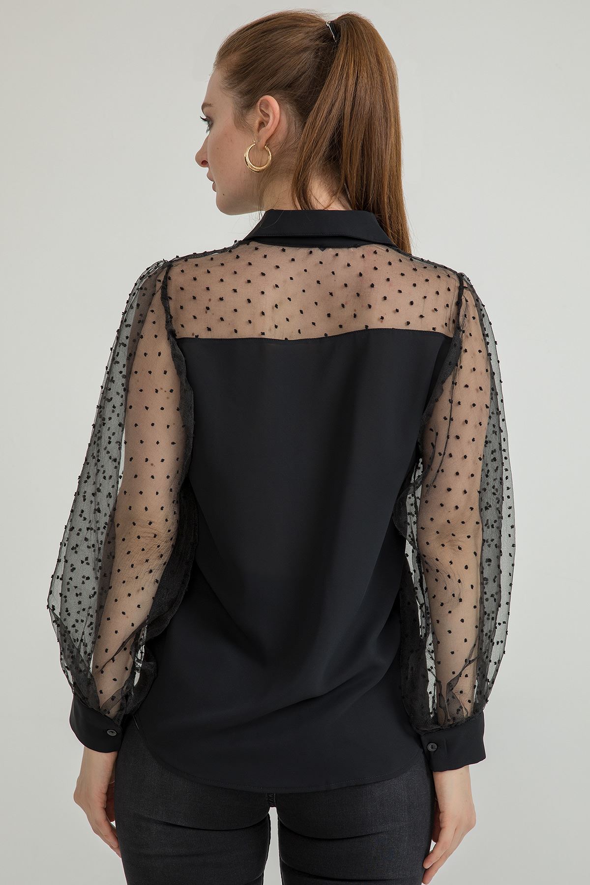 Organze Fabric Long Sleeve Hip Height Classical Polka-Dot Women'S Shirt - Black