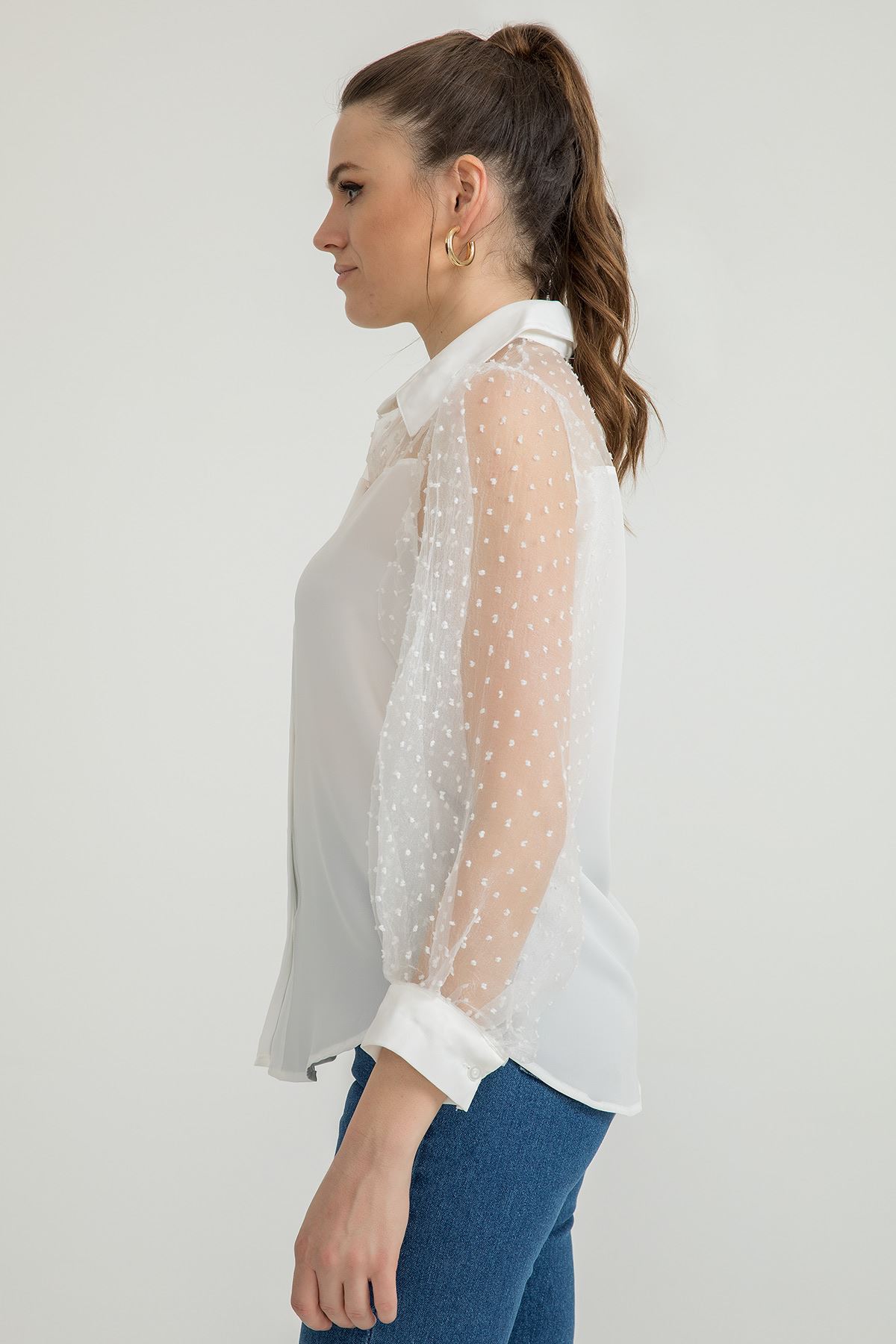 Organze Fabric Long Sleeve Hip Height Classical Polka-Dot Women'S Shirt - Ecru