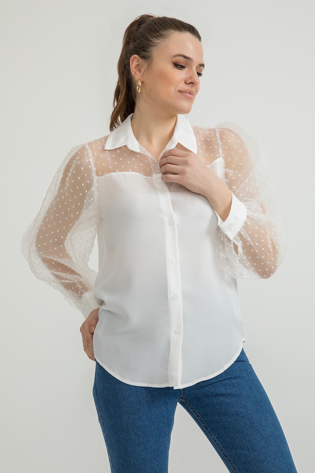 Organze Fabric Long Sleeve Hip Height Classical Polka-Dot Women'S Shirt - Ecru