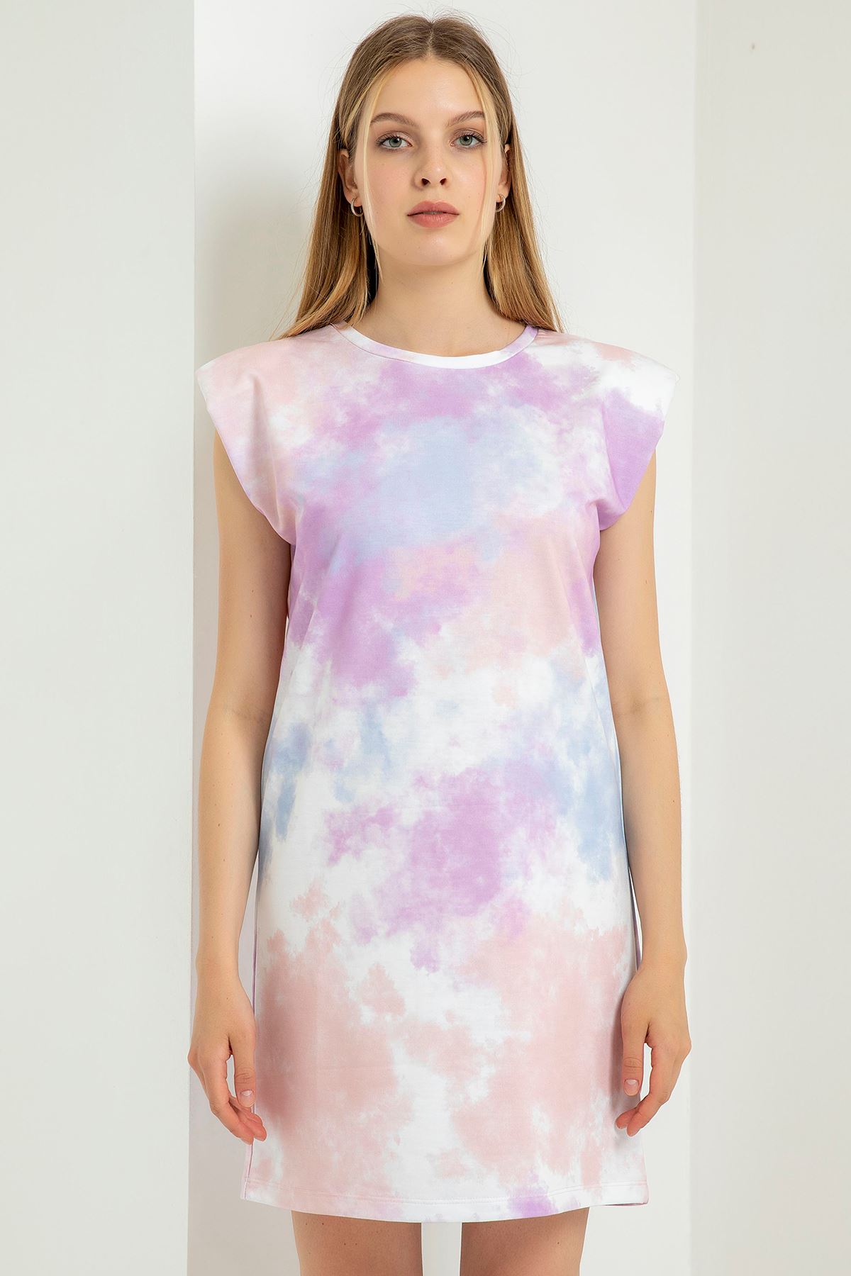 Knit Fabric Full Fit Cloud Print Stuffed Women Dress - Lilac