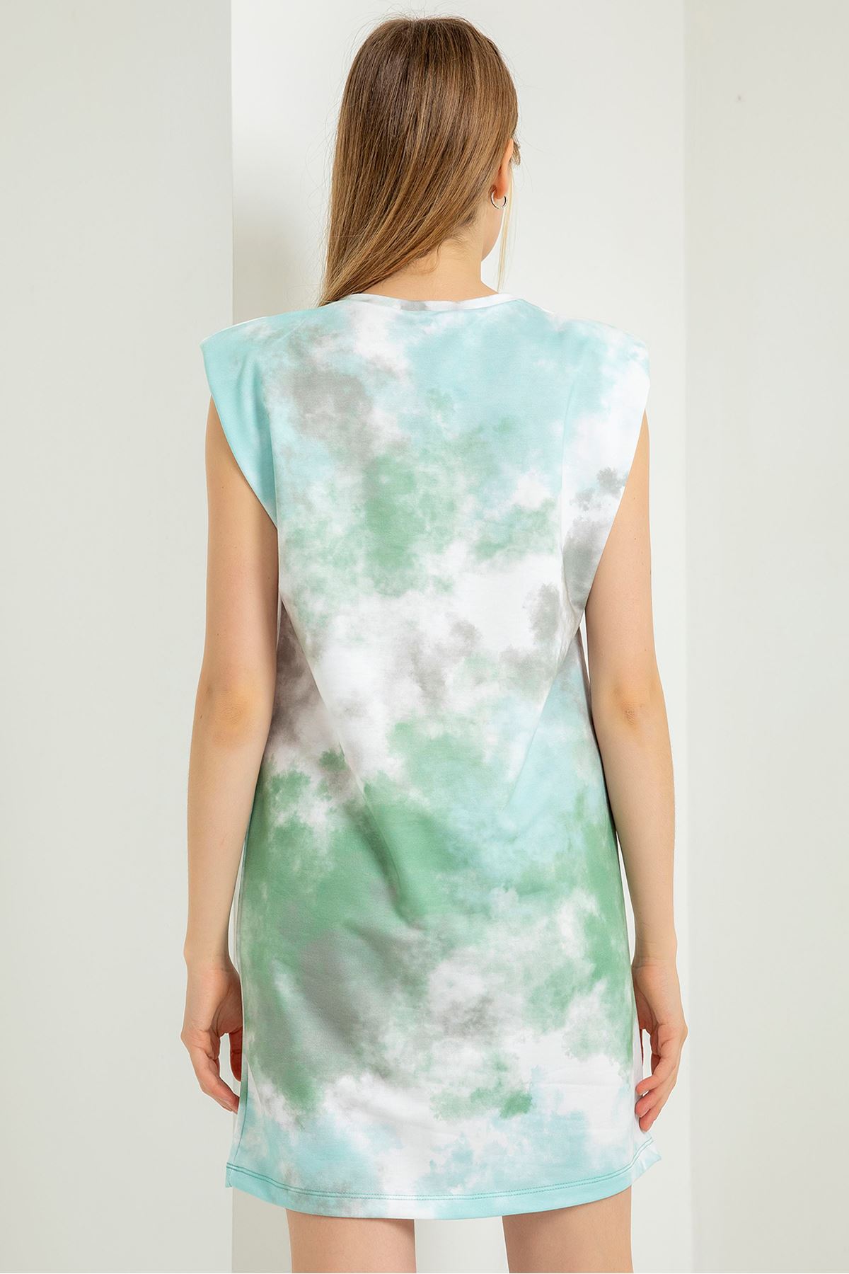 Трикотажная ткань облачный принт женское платье с подплечниками - Зелёный