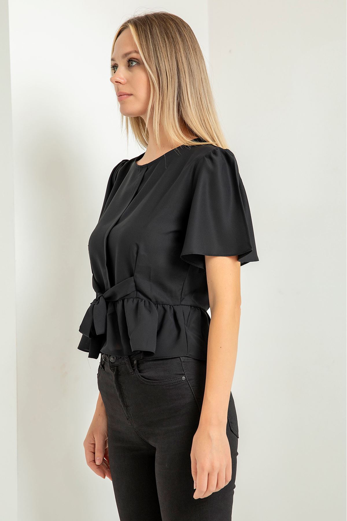 джессика ткань короткая женская блузка с воланами - Чёрный