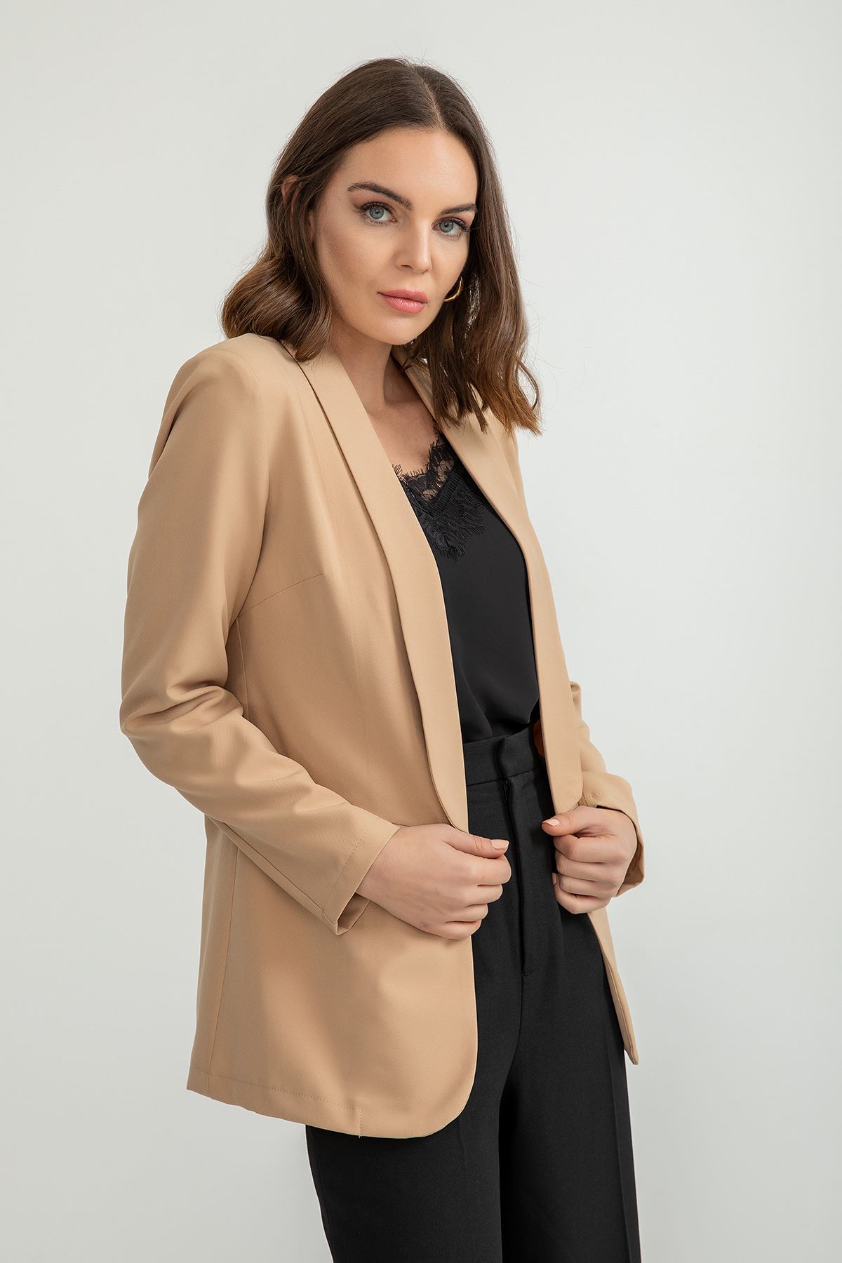 Polyester Fabric Shawl Collar Hip Height Classical Blazer Women Jacket - Stone