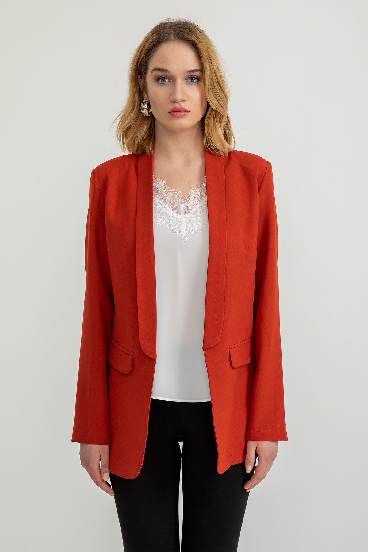 Polyester Fabric Shawl Collar Hip Height Classical Blazer Women Jacket - Brick 