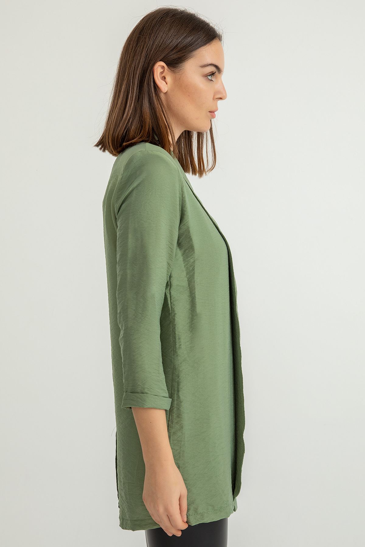 Aerobin Fabric Long Sleeve Shawl Collar Below Hip Comfy Women Jacket - Khaki 