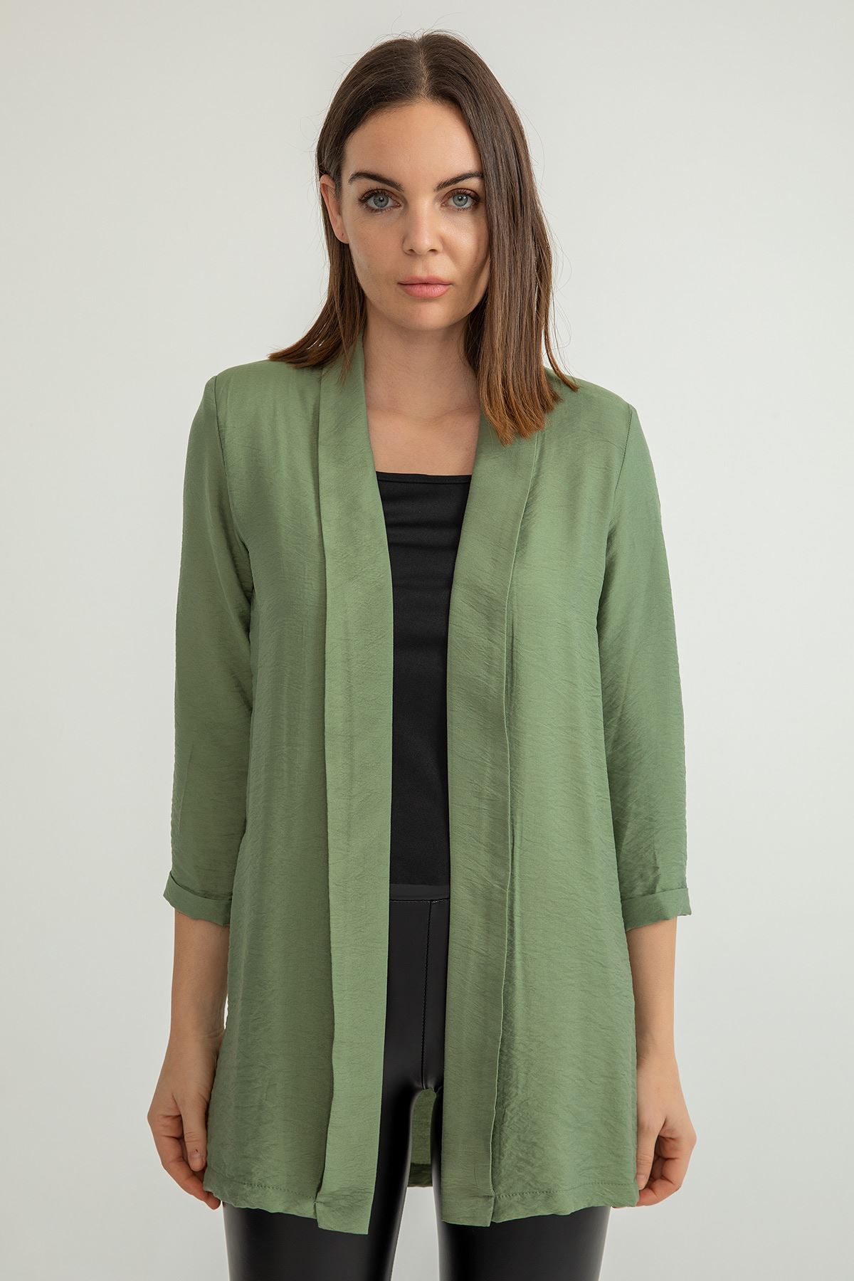 Aerobin Fabric Long Sleeve Shawl Collar Below Hip Comfy Women Jacket - Khaki 