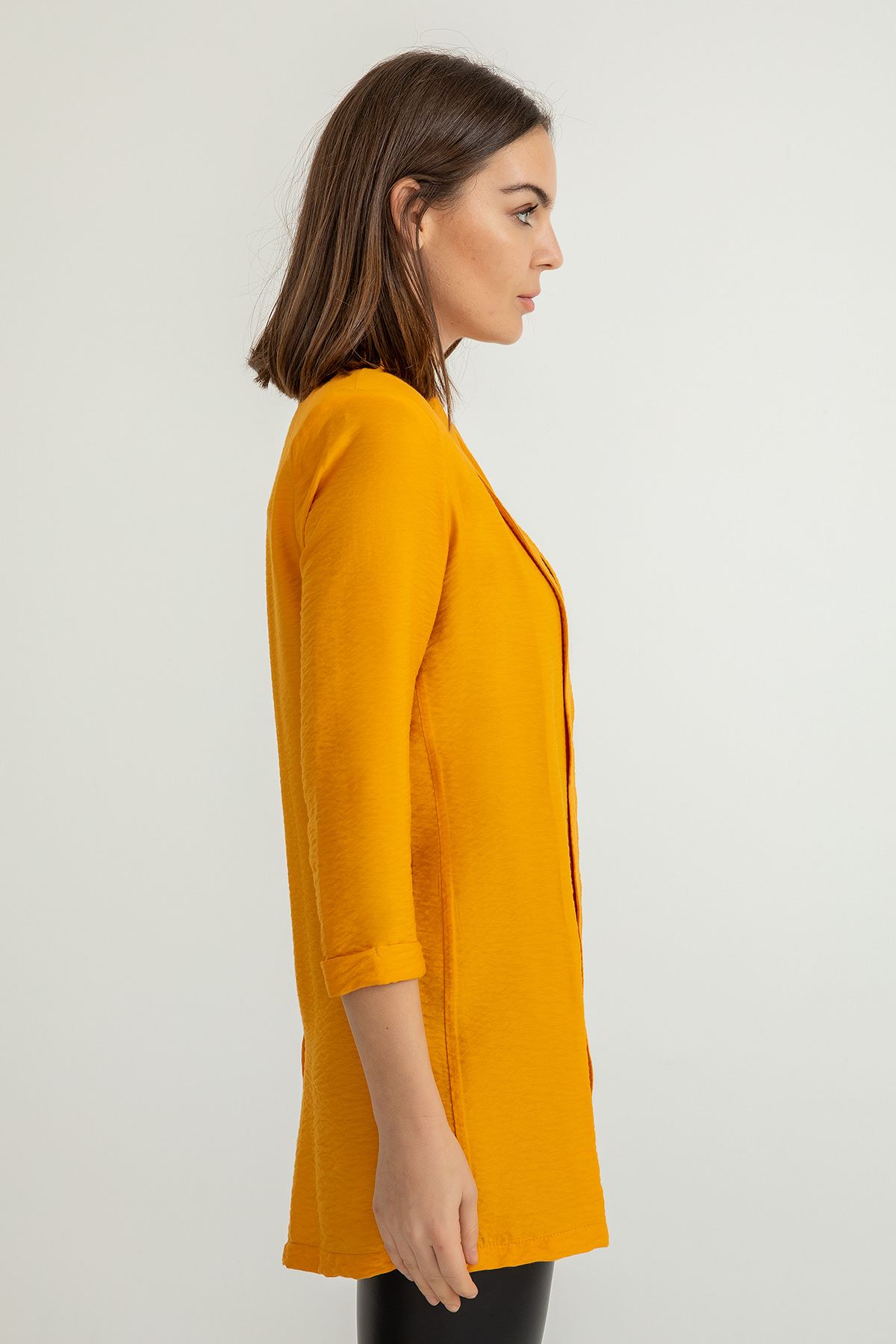 Aerobin Fabric Long Sleeve Shawl Collar Below Hip Comfy Women Jacket - Mustard